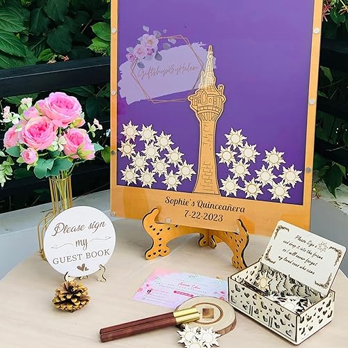 Miniatura 2 de Purple Princess Tower Guest Book Quinceanera, Fairy Decoration Theme for Birthday Party with Sun shaped Drop Box - Personalized Enchanted Fairytale