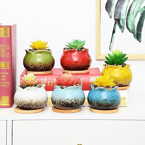 Miniatura 9 de Maceta circular de cerámica de 7.3 pulgadas para decoración del hogar, jardín, suculentas, cactus, maceta con bandeja de bambú, planta no incluida