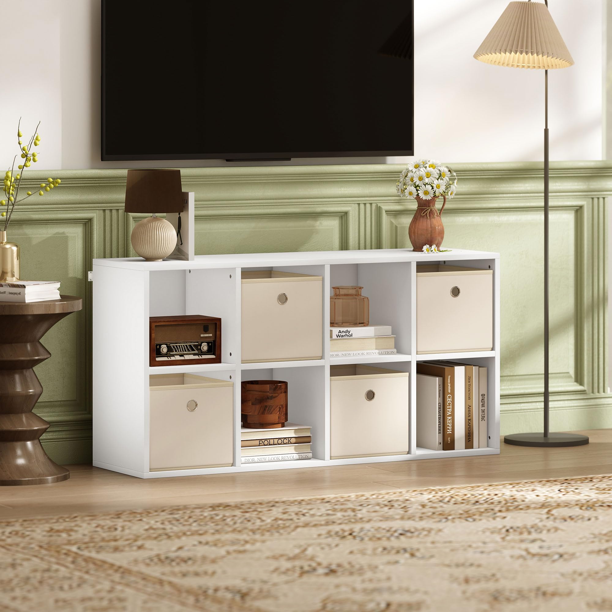 HOMCOM Estantería de 8 Cubos 4 Cajones Tela 105,9x30x53,7 cm Blanco y Beige | Librería, Estantería para Libros, Horizontal o Vertical, para Salón, Dormitorio, Estudio