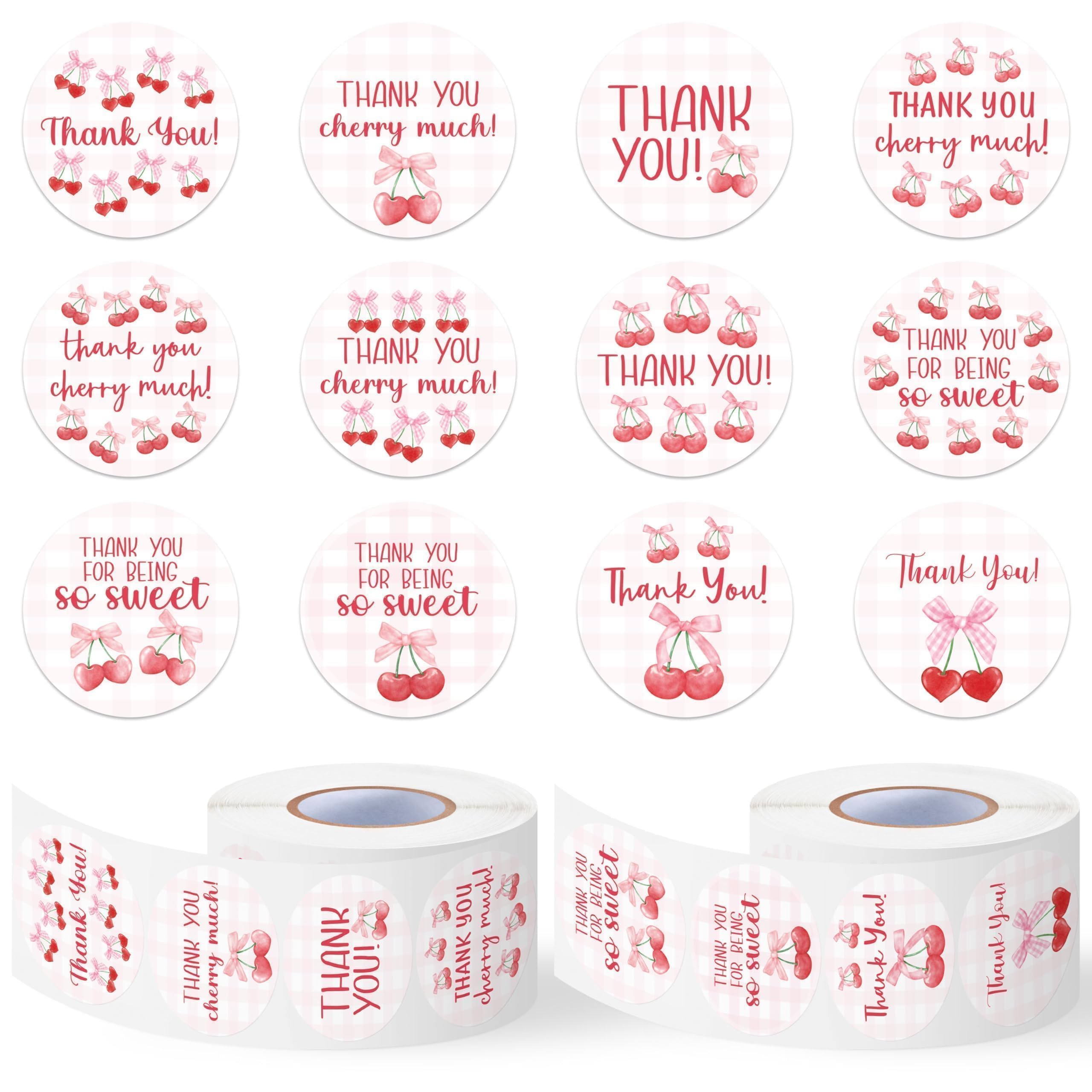Thank You Sticker Roll - 1000 Pcs Coquette Pink Bow Cherry Waterproof Vinyl Reusable Laptop Sticker DIY Book Scrapbook Water Bottle Page Activity Pad Party Favors Skateboard Gift Wrapping