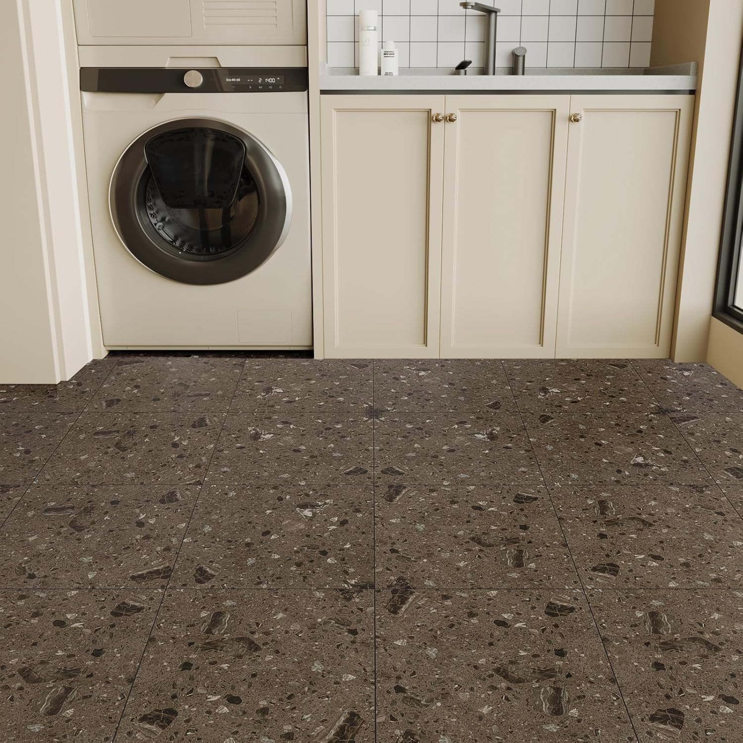 VaryStyle 18-Sheet Vinyl Flooring Brown Terrazzo Floor Tiles Peel and Stick Waterproof Bathroom Flooring 12"x12" Removable Renter Friendly Thick Sticky Tile for Floor Covering Kitchen Bedroom