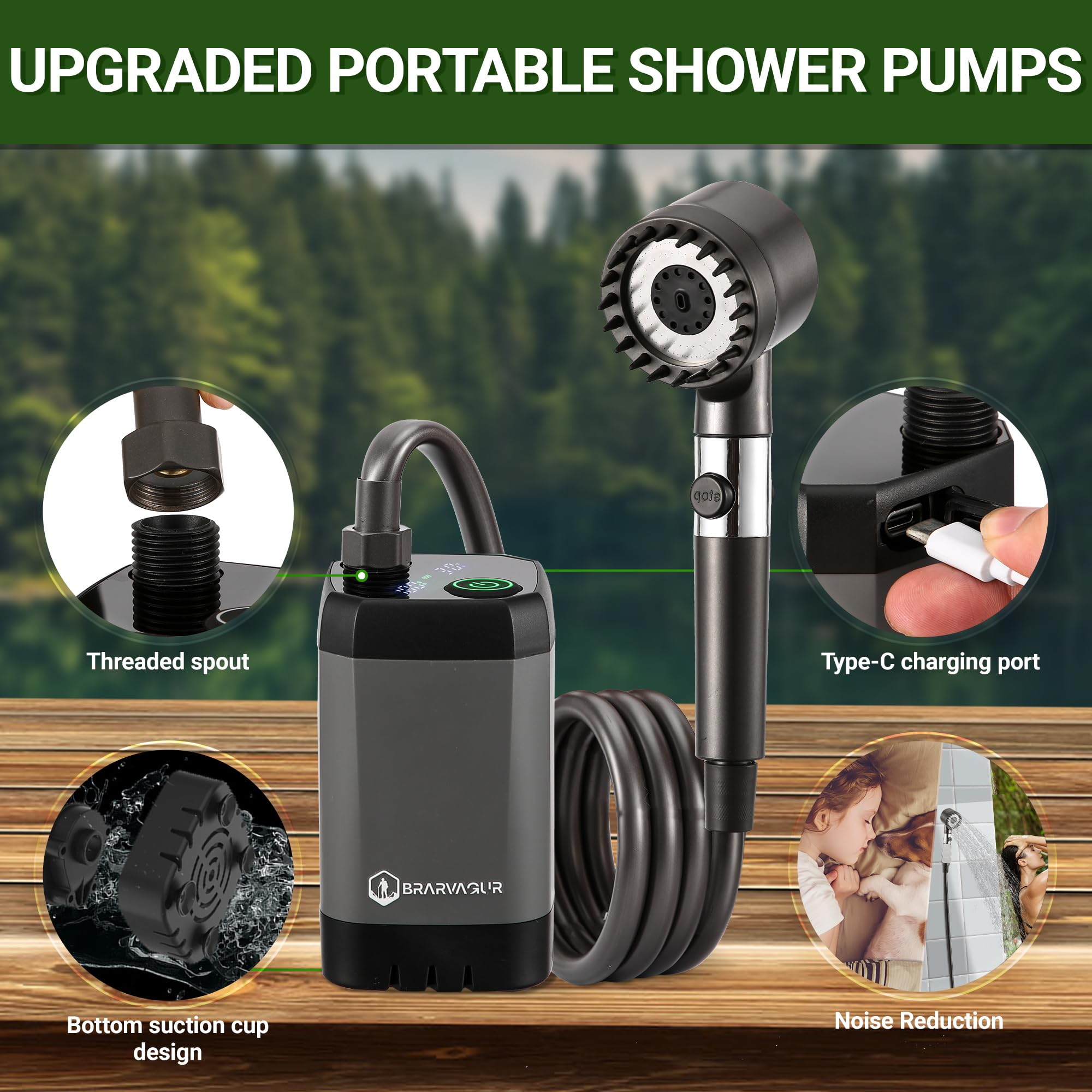 acetek Douche de camping portable, pompe de douche d'extérieur avec affichage numérique intelligent, kit de douche rechargeable pour camping, plage, piscine, rinçage, nettoyage des animaux domestiques