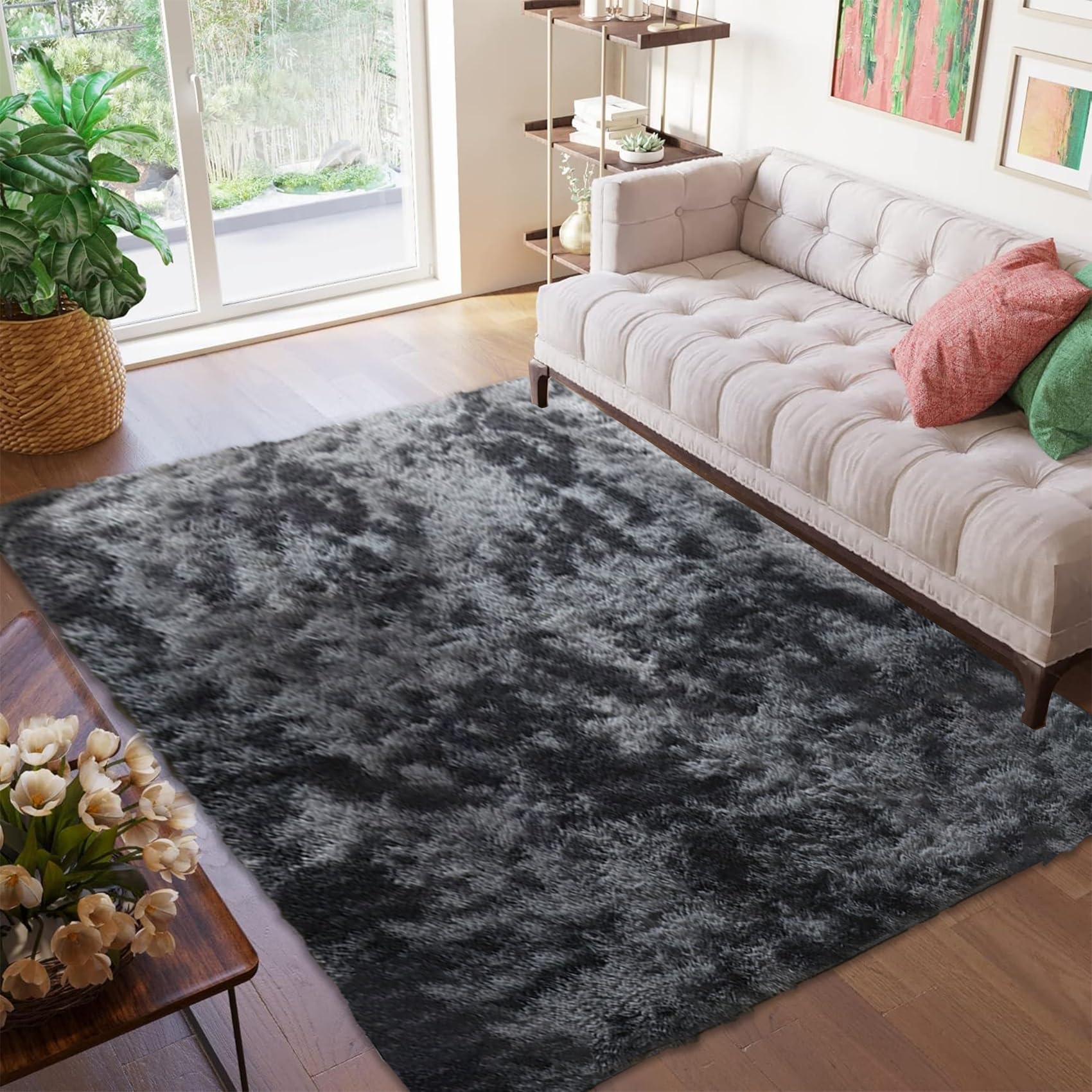 Alfombra Cocina Vinilica 300 x 340 cm, Felpa Sedosa La Pelusa Mullida, Suave Al Tacto, Rectangular Varios Tamaños, para Interior, Baño Alfombra Salon Grandes Shaggy, Gris Oscuro