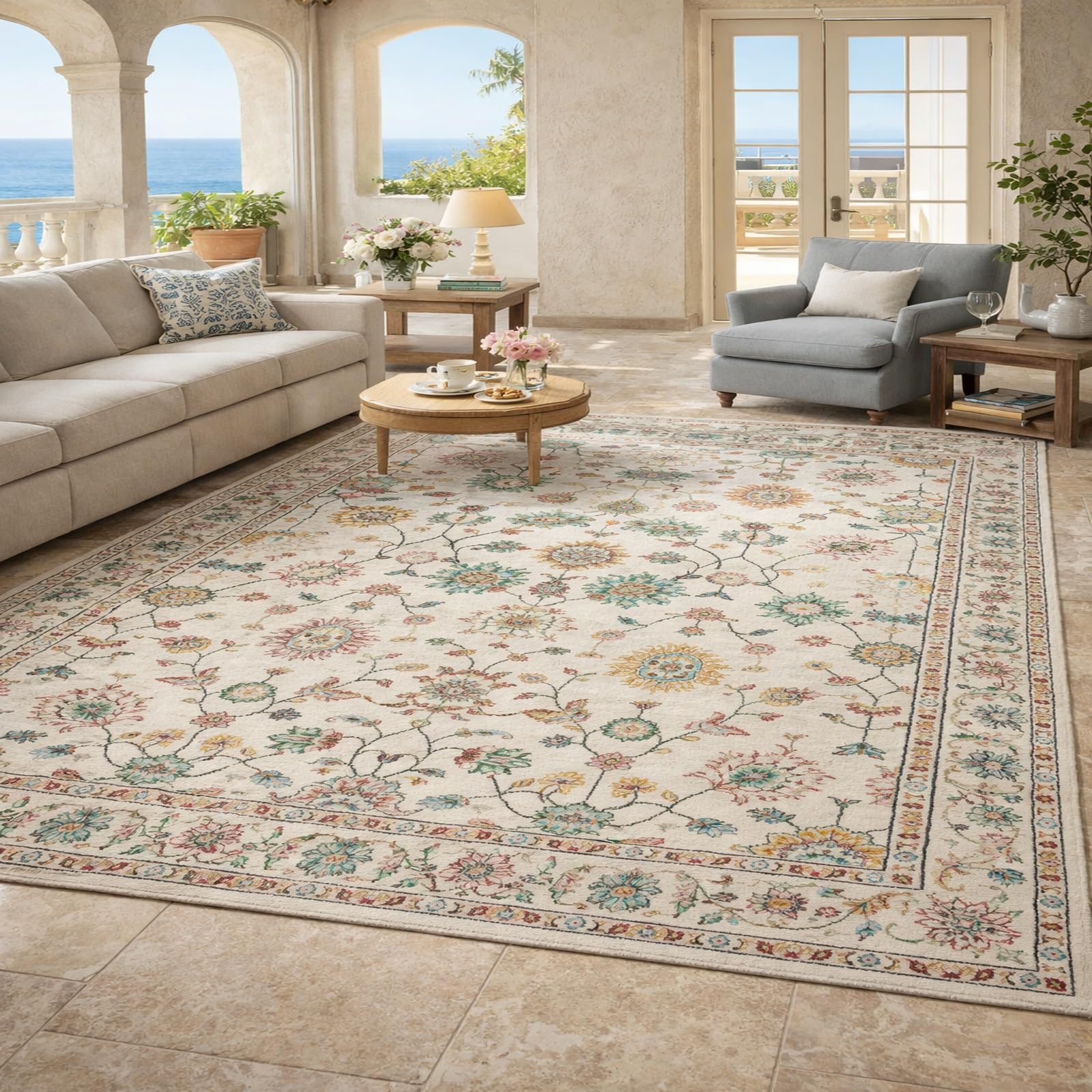 Tapis floral rétro beige et vert haut de gamme pour salon et chambre