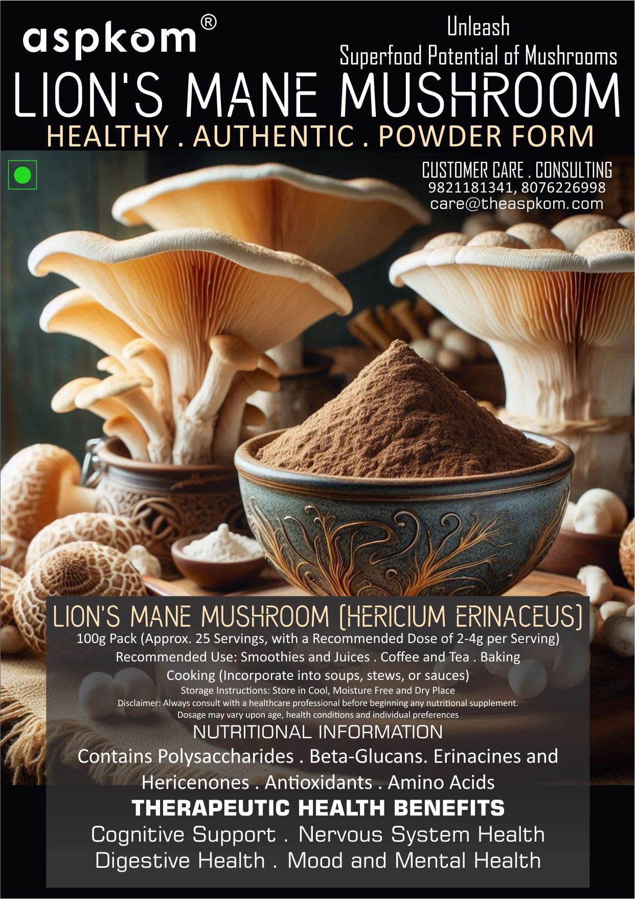 aspkom Lions Mane Mushroom Powder, 100g, Superfood, Water Soluble Extract, Plant-Based, Vegetarian, Cognitive Support, Immune Support, Nervous System Health, Mood and Mental Health Support (B0D8W6NC6M) Amazon Price History, Amazon Price Tracker