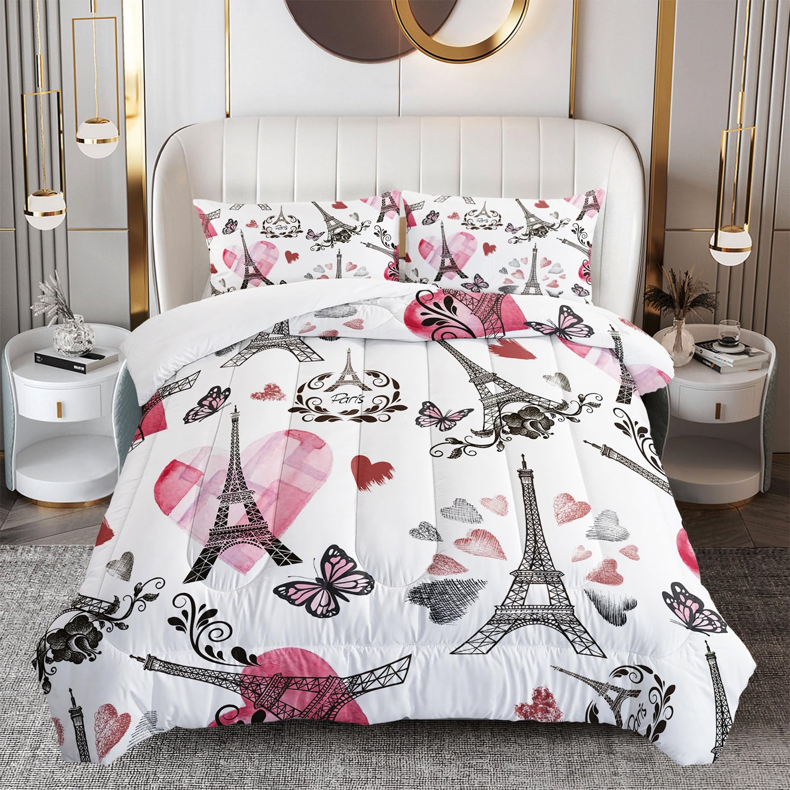 OUIXOTIC Eiffel Tower Comforter Set Full Size, French Paris 3 Pcs Bedding Set Romantic Theme Comforter for Kids and Adults, Pink Butterfly Full Size