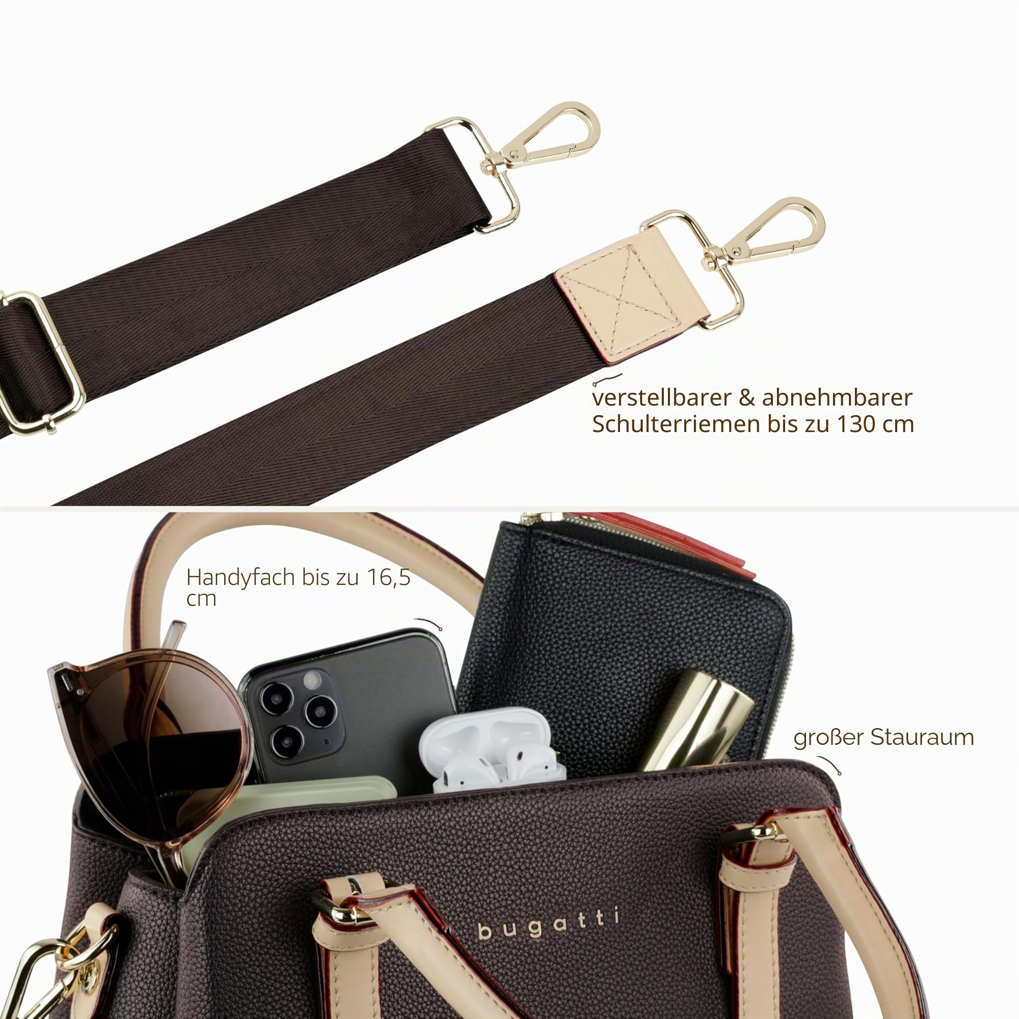bugatti Ella Handtasche für Damen, Bowling Bag mittelgroß aus Kunstleder