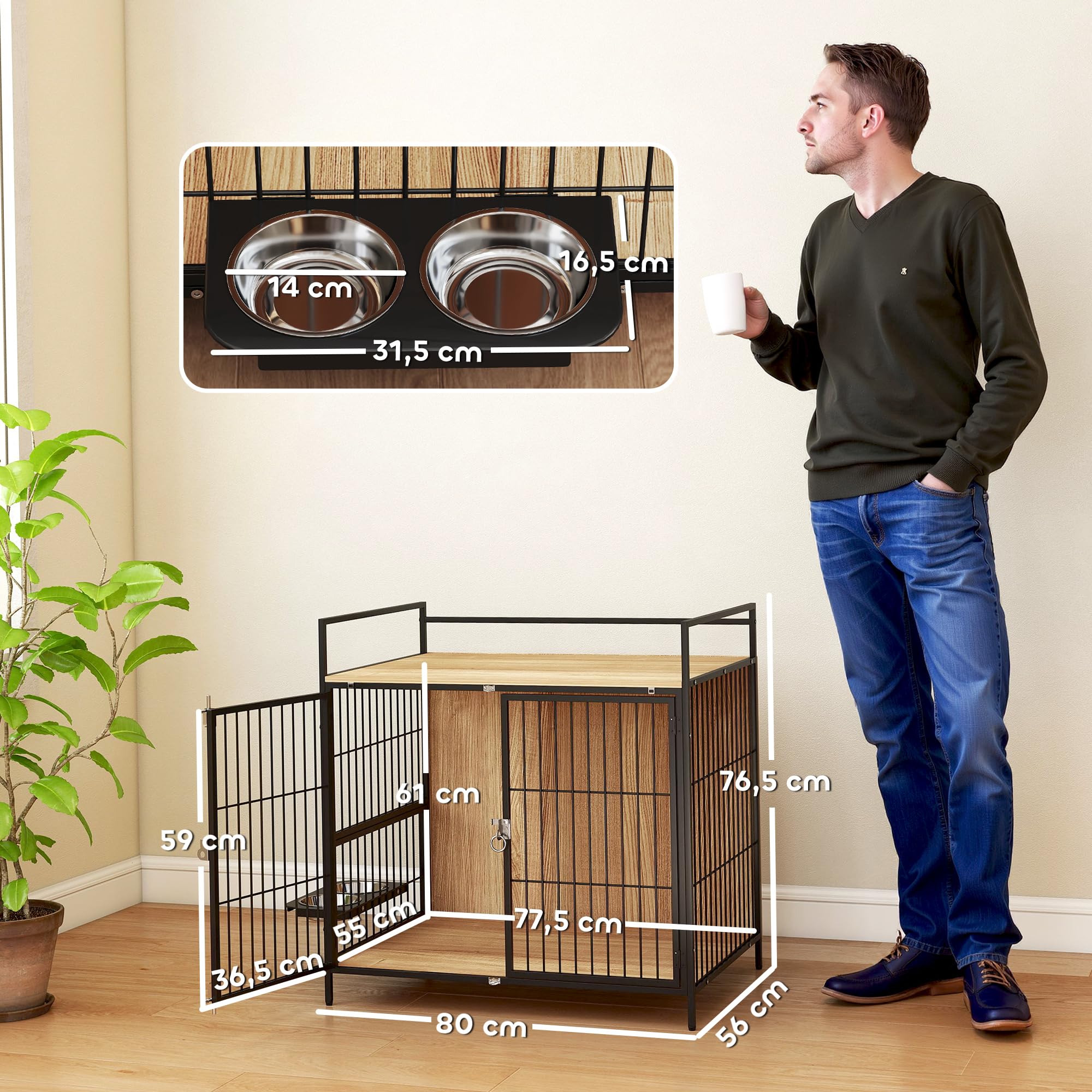 PawHut Jaula para Perros Casa para Mascotas con 2 Puertas y Mesa Auxiliar Moderna con Soporte Giratorio 2 Tazones y Estante de Almacenamiento Superior para Perros Medianos 80x56x76,5 cm Roble