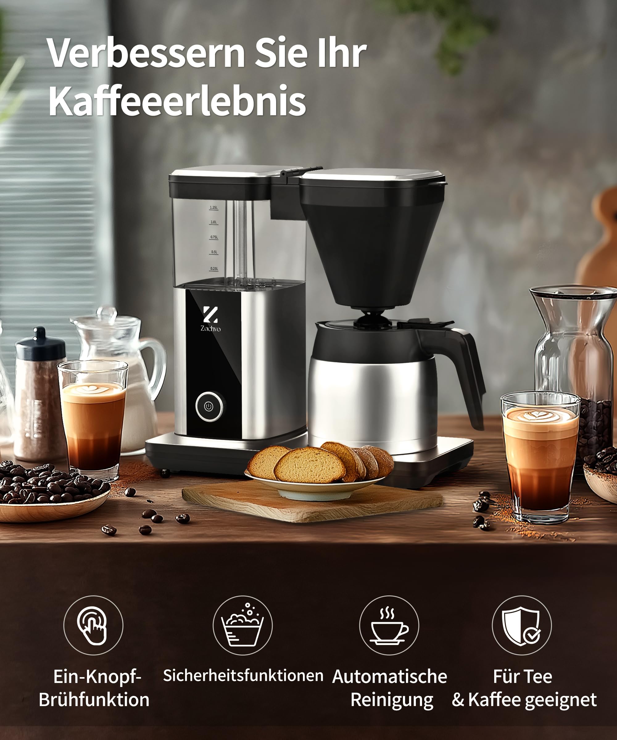cafetera de goteo con jarra térmica y depósito de 1,25 L, cafetera eléctrica filtro 10 tazas, sistema antigoteo, apagado automático, acero inoxidable, PID 92 °C, 4,5 min preparación rápida