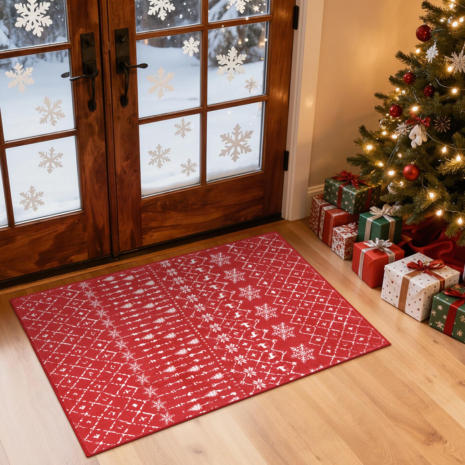 Lahome Christmas Door Mat 2x3 Red Entryway Rug Small Washable Area Rugs Non-Slip Indoor Entry Carpet Throw Soft Bathroom Mat, Snowflake Home Xmas Holiday Decor Thin Floor Doormat Carpet for