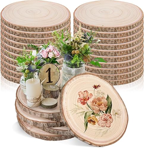 20 piezas redondas de madera, grandes rebanadas de madera sin terminar, rústicas, corteza de árbol, círculos de madera natural, a granel para bodas,
