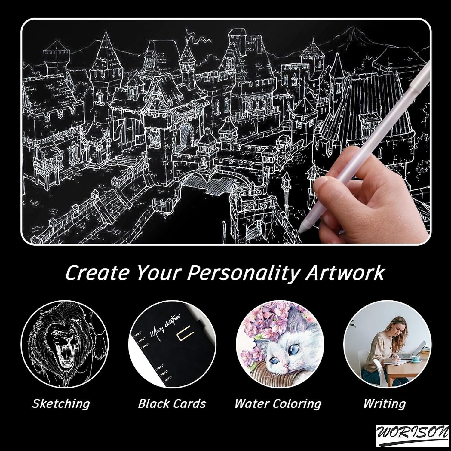 worison 12 -Piece White Gel Pen Set, 0.6mm Line Drawing Pen, Archival Ink Fine Point Tip Sketching Gel Pens 3