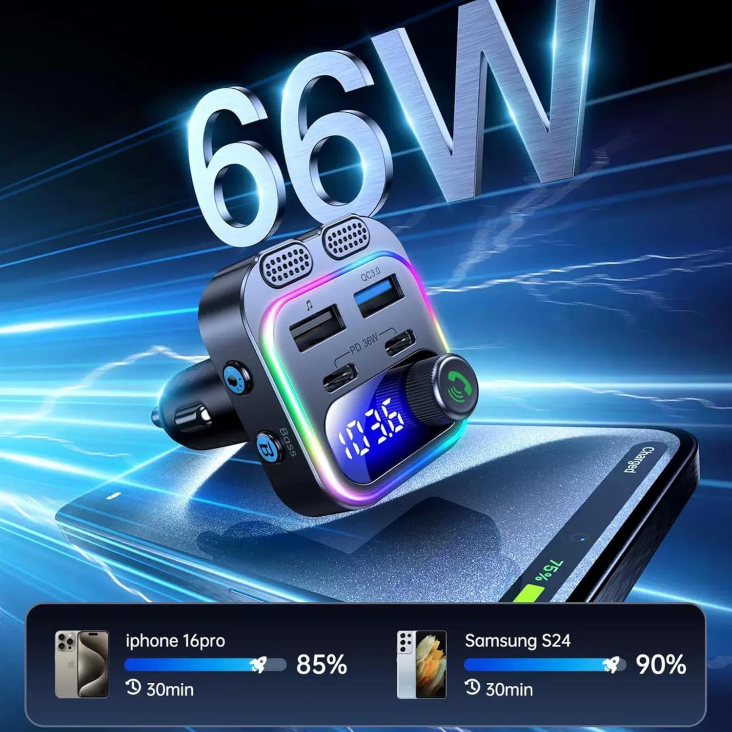 LIVERO Bluetooth 5.4 FM Transmitter Car Adapter 66W (PD 36W & 12W) [Light Switch] [HiFi Bass Sound] [Fast Charging] Wireless Radio Music Adapter LED Display Hands-Free Calling Support USB Drive