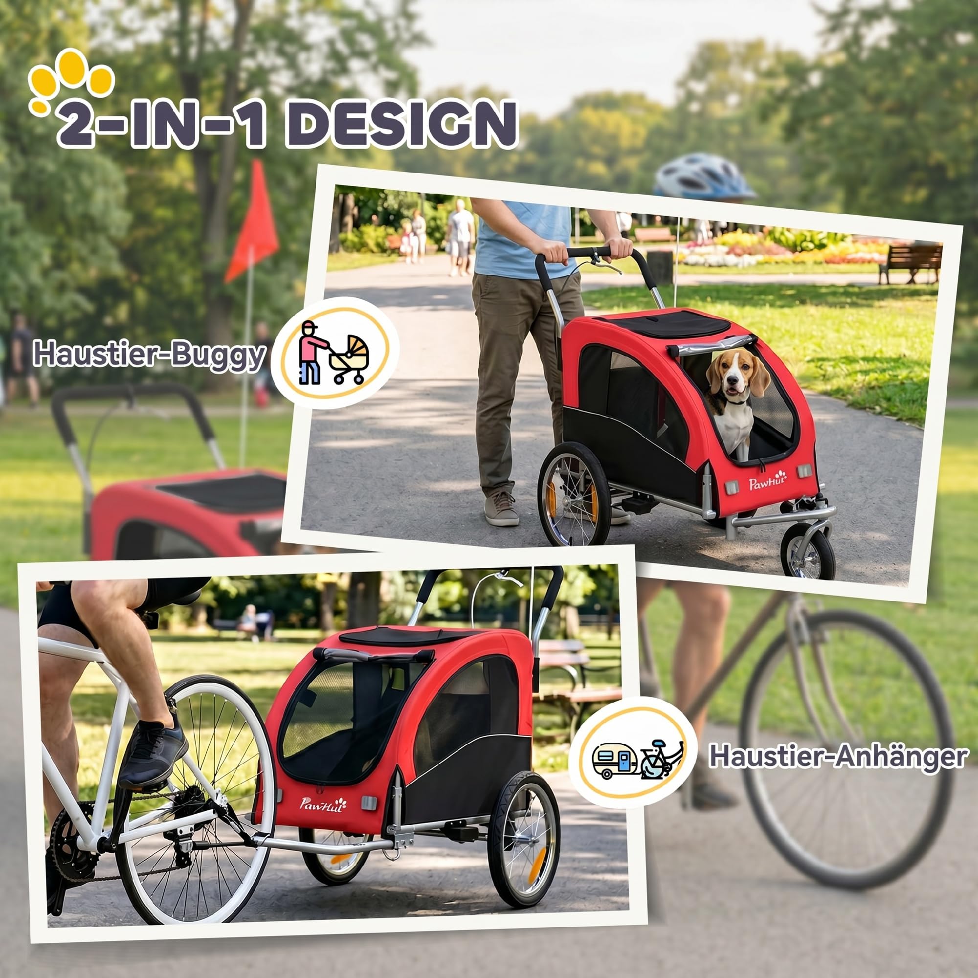 PawHut 2-in-1 Hundeanhänger für Fahrrad Hundebuggy für kleine & mittelgroße Hunde bis 20 kg Faltbarer Fahrradanhänger mit 600D Oxford, Reflektoren, Handbremse, Universelle Kupplung
