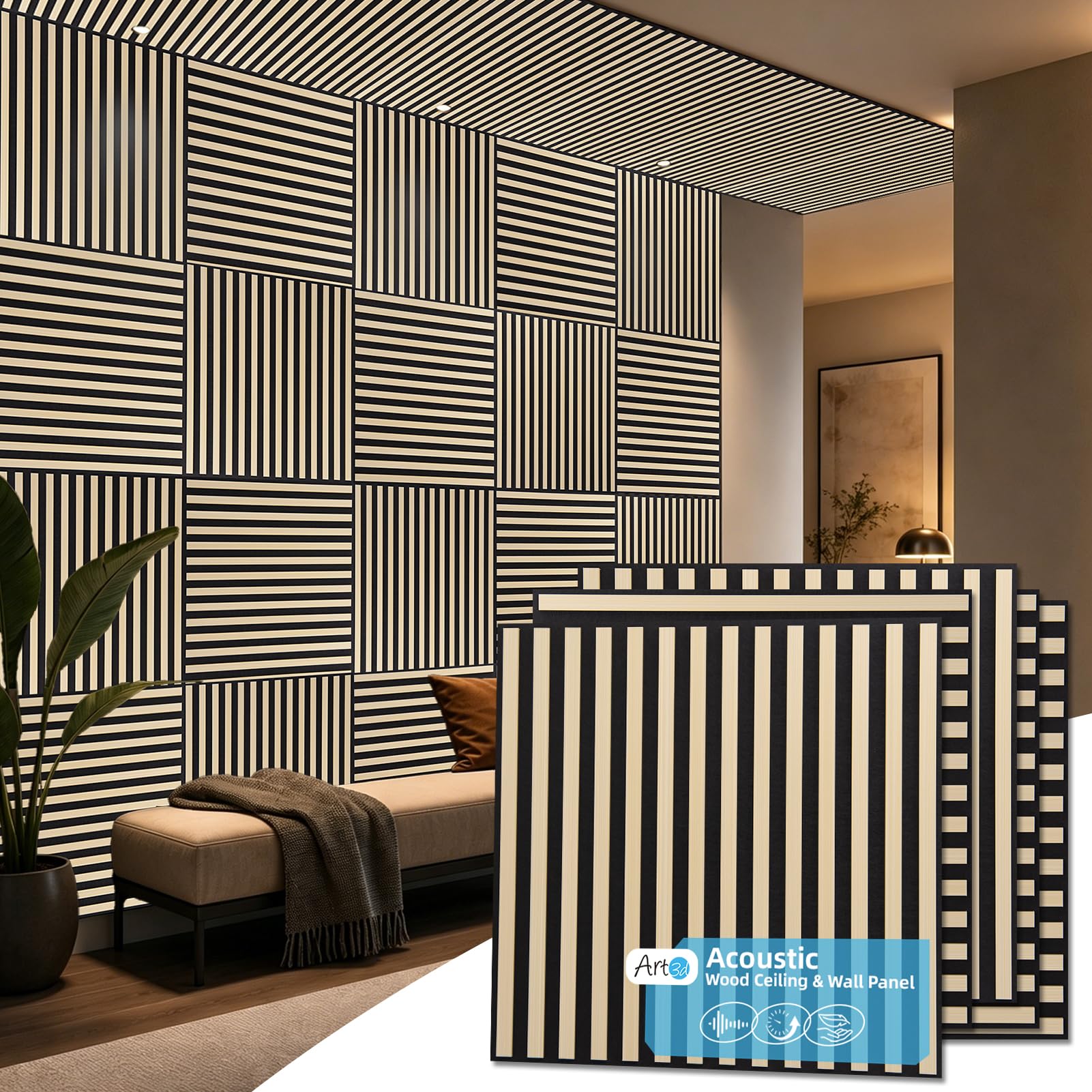 Art3d 어쿠스틱 슬레이트 우드 패널 - 6팩 60.6 x 61.4cm(2 x 2피트) 방음 낙하 천장, 거실 및 침실 DIY 장식, 애쉬트리