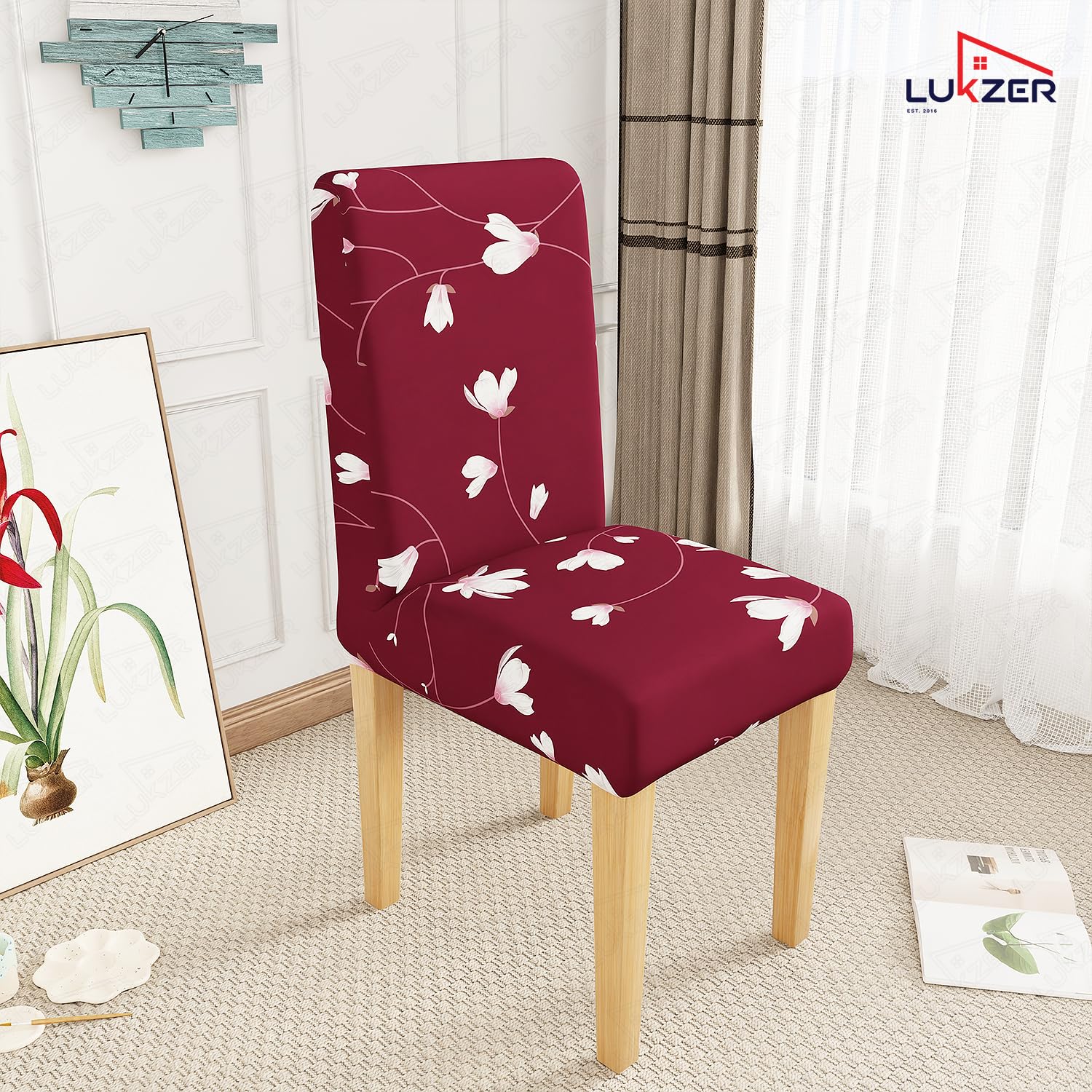 Lukzer 6PC's Maroon Flower Design Stretchable Dining Chair Cover | Universal Fit Removable Washable Slipcover | 140 GSM Polyester Spandex | Elastic Protective Cover for Home & Hotel Chairs (CC-009-06) 2
