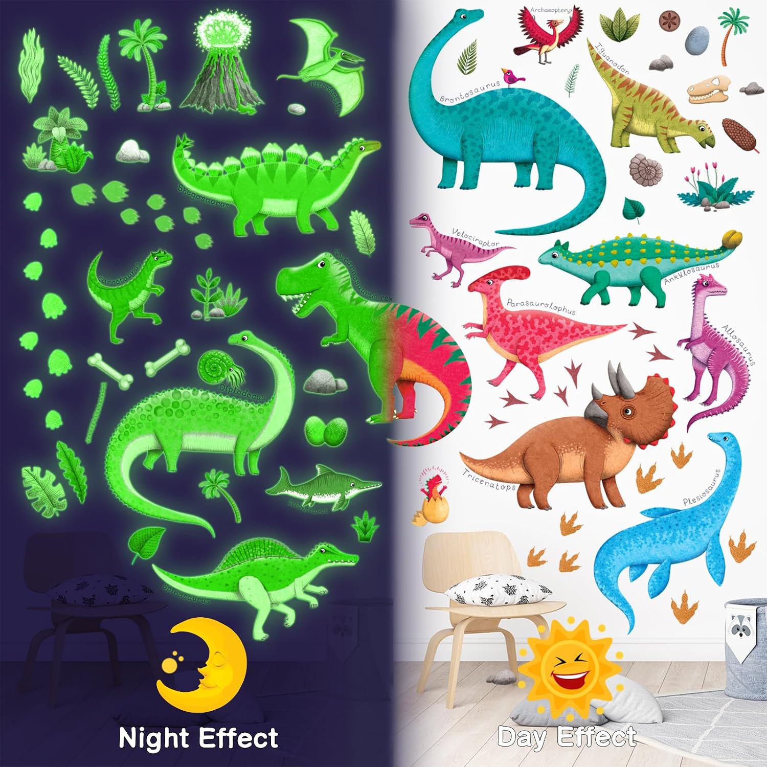 DECOWALL Glow in the Dark Dinosaur Wall Stickers for Kids – Dino Glow Wall Decals with Dinosaurs and Stars for Boys Bedroom Nursery Decor (GDS4-8087)