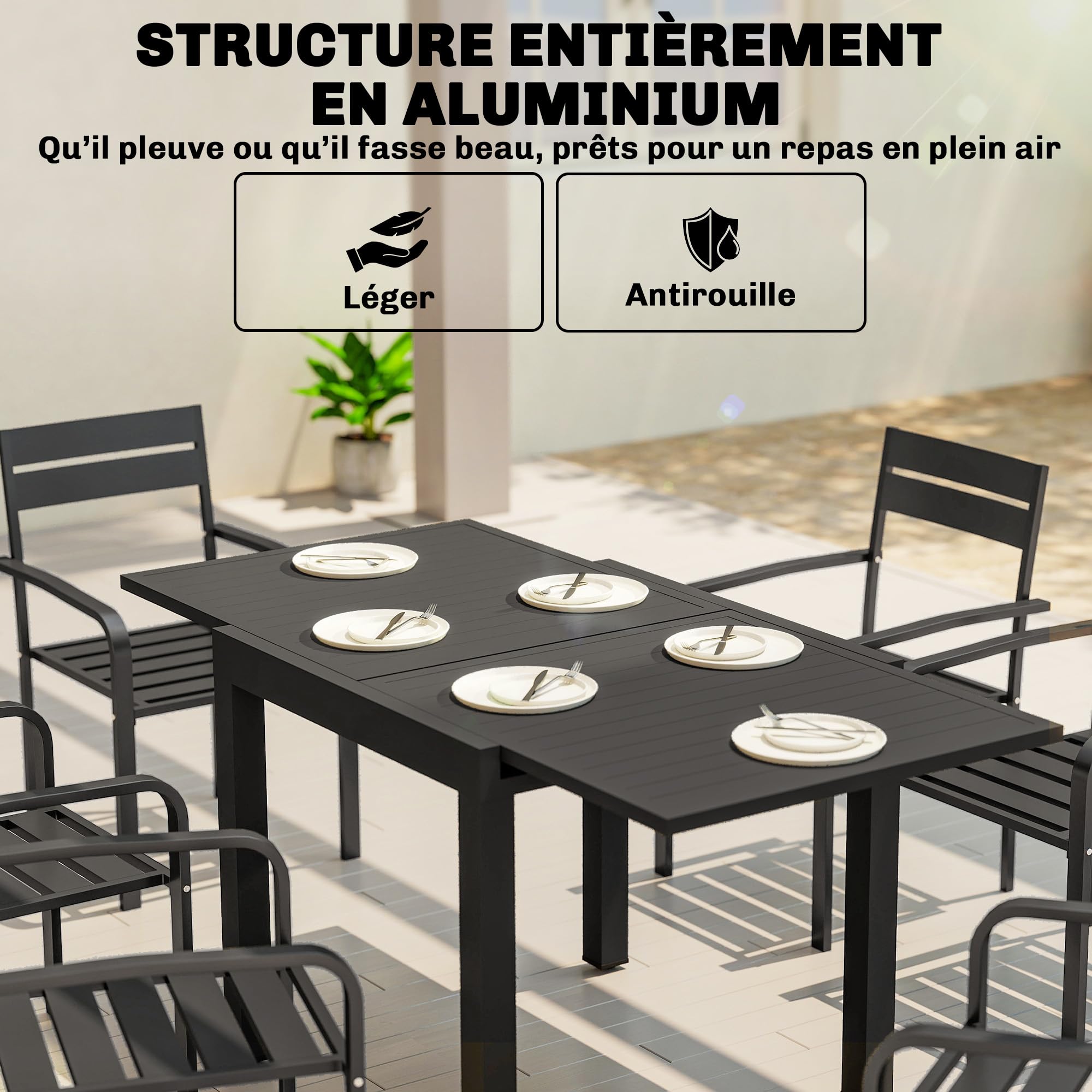 Outsunny Table de Jardin Extensible 80-160 cm en Aluminium avec Plateau à Lattes - Table Extérieur pour 4-6 Personnes avec Rallonge Auto-Stockée - Mobilier de Jardin pour Terrasse Balcon, Noir