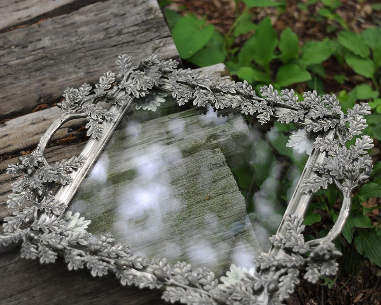Vagabond House Pewter Acorn Oak & Leaf Square Glass Tray 15 inch Wide x 18 inch Long