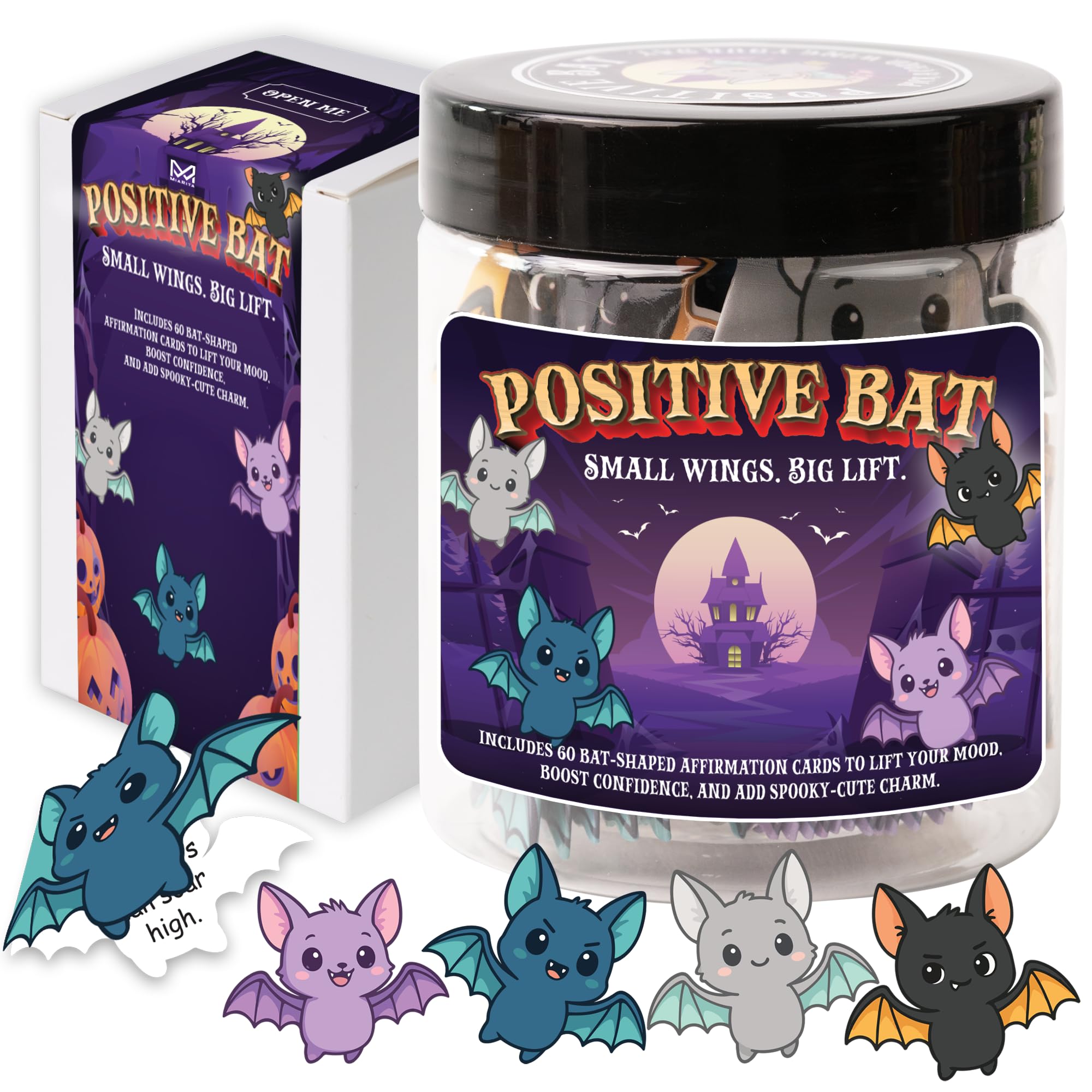 Positive Bat Jar, 60 Bat-Shaped Affirmation Cards, Cute Spooky Self Care, for Women & Teens, Halloween Basket Stuffers for Adults, Boo Basket Stuffers for Women