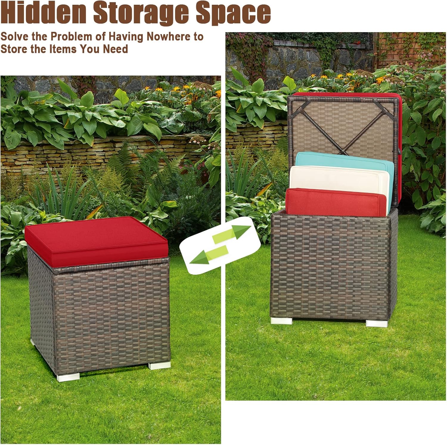 DORTALA Outdoor Storage Ottoman Wicker 2 Piece, Patio Ottomans PE Rattan Foot Rest Footstool with Cushions for Couch, Chair, Red