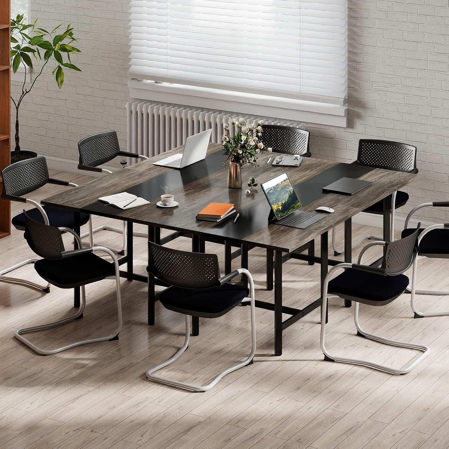 Square Conference Table, 100 x 100 x 75 cm, Composable Seminar Table with Metal Frame for 4 People, Office, Board Room, Dining Room (Grey + Black)