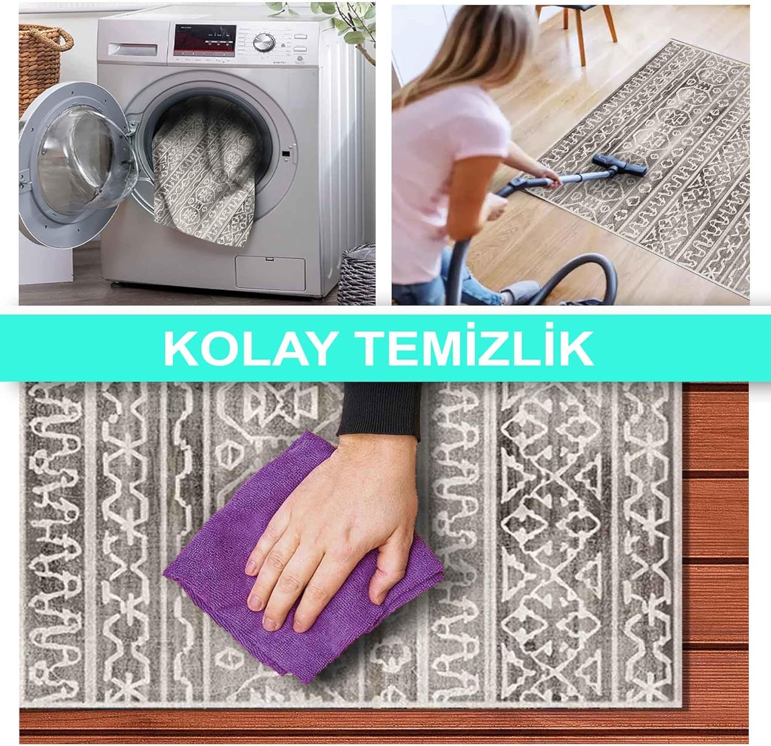 Latte Dizayn Adoni Desenli Kadife Pamuk Tabanlı Yıkanabilen Kaydırmaz Antibakteriyel Salon Halısı (160x230)