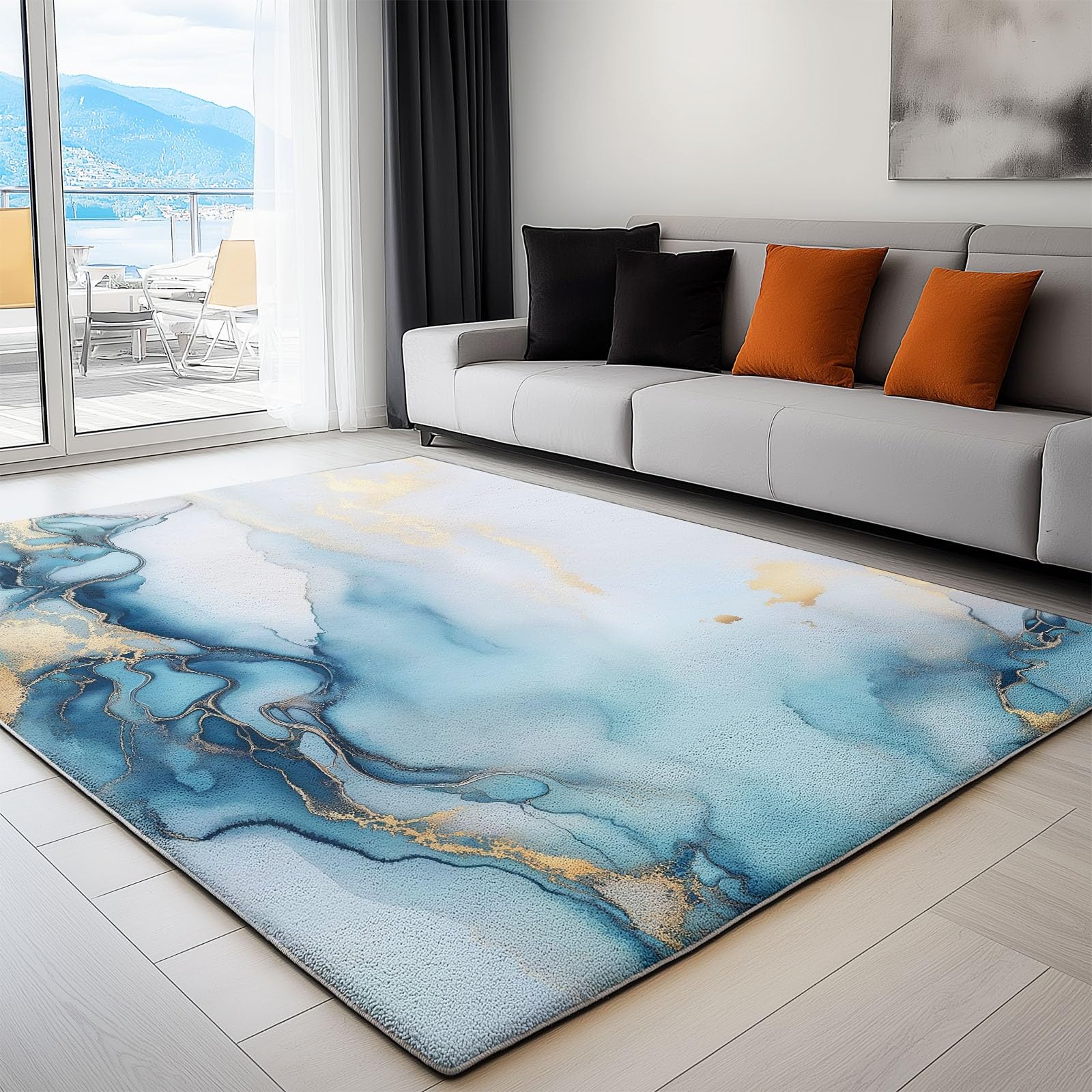 Tapis de salon marbré 140x200 cm lavable à poils courts effet aquarelle