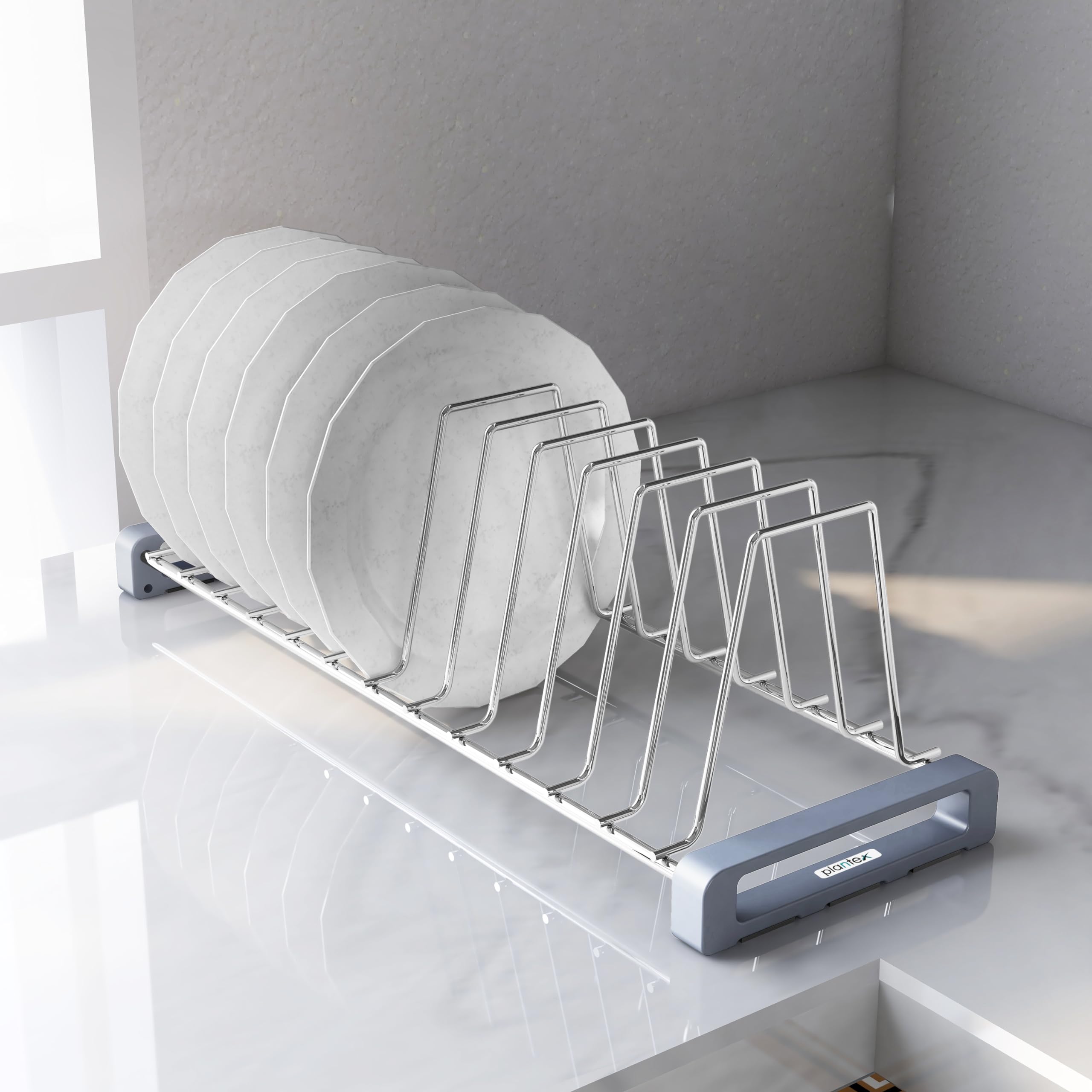 Plantex Premium-Grade Stainless Steel Plate Stand for Kitchen/10 SlotPlate Oraganizer for Kitchen Cabinet/Dish Rack Stand with Anti-Scratch Base(Size-6Inches, Slot- 10, Pack of 1)