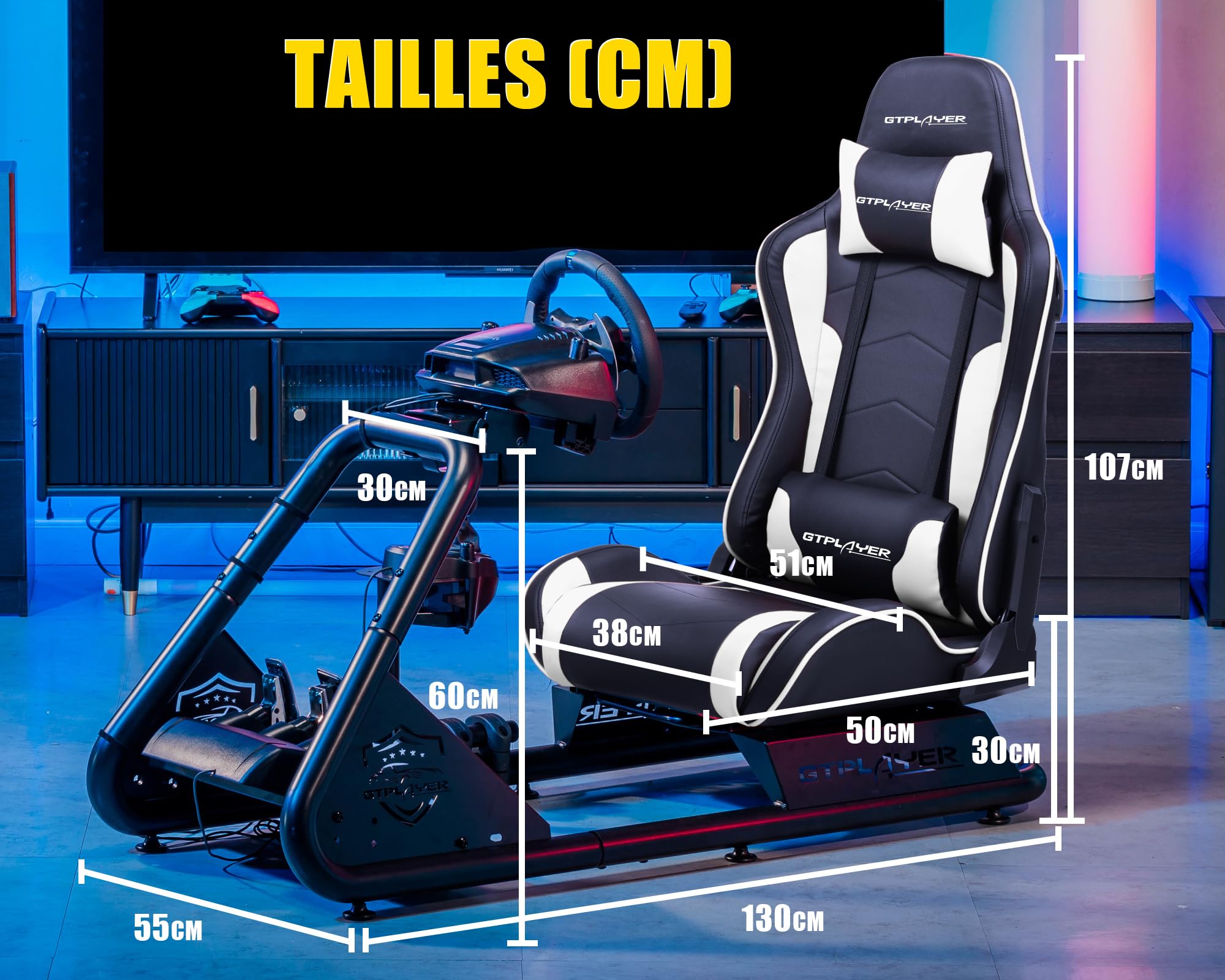 GTPLAYER Simulateur de Conduite, Siège de Simulation pour PC avec Haut-Parleurs, Support pour Volant et Pédalier,Blanc