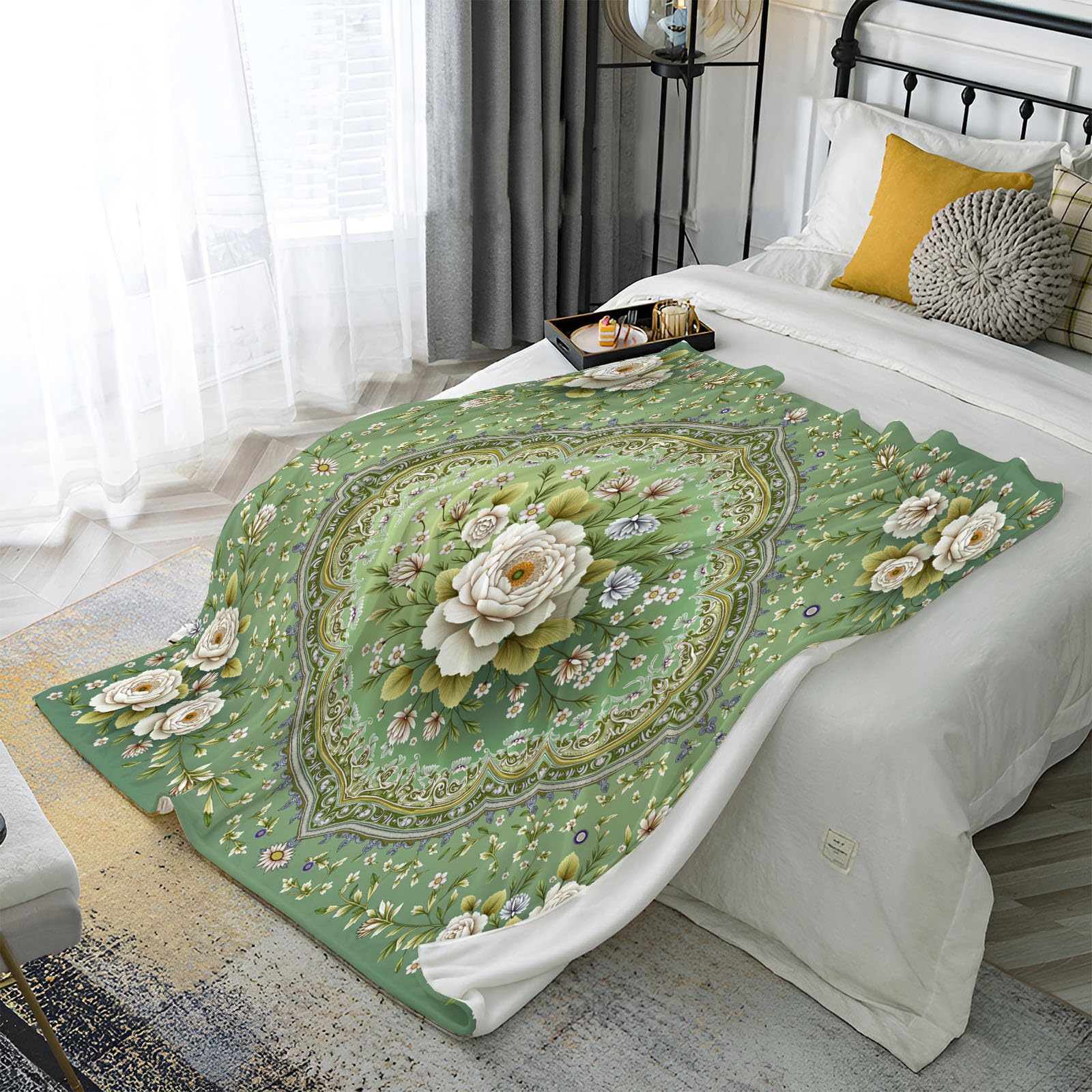 Versátil Manta De Peluche Verde Salvia 220X240Cm Manta Floral Geométrico Mantas Acogedora Botánicos Orientales Mullida Colchas Sofá Mantas De Franela Decorativa para Camas Infantiles Silla