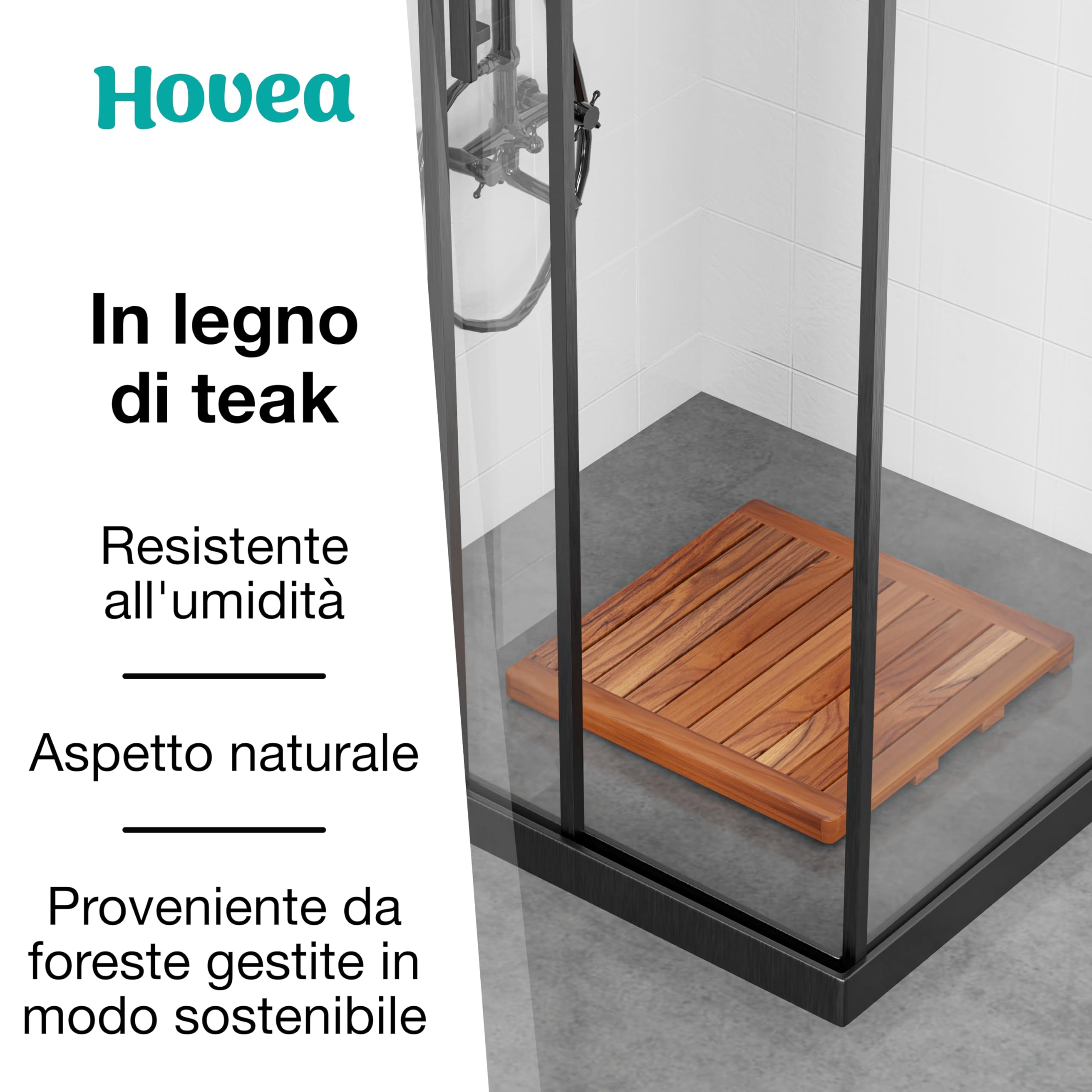 Pedana Doccia in Legno 50 x 50 cm - Legno di Teak - Resistente all'Umidità, Antimuffa e Antiscivolo - Tappeto da Bagno Quadrato - Interno & Esterno - Tappetino Doccia - CB5050