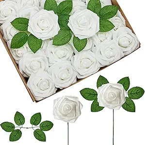 InnoGear Artificial Flowers, 50 Pcs White Foam Fake Roses Bulk with Stems for Decoration Celebration DIY Wedding Bouquets Centerpieces Bridal Shower Party Christmas Tree