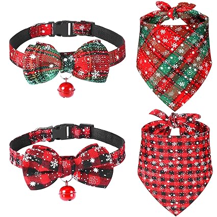 4 Pieces Christmas Dog Bandanas and Collars Set Xmas Christmas Classic Plaid Dog Neck Tie Triangle Bib Scarf Kerchief Adjustable PET Bow Tie with Safety Bell PET Costume for Cat Dog (S, Stylish Style)