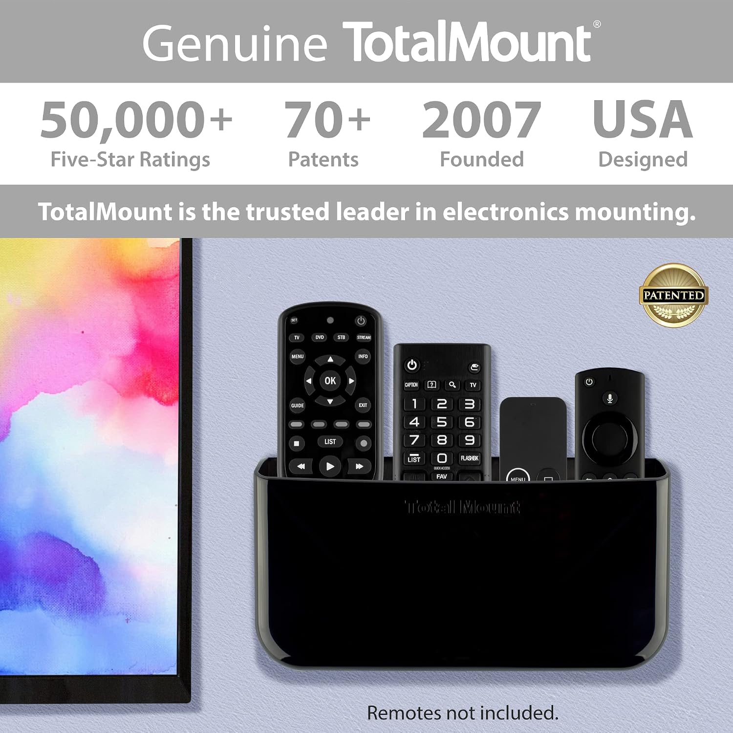 TotalMount Hole-Free Remote Holders – Eliminate Need to Drill Holes in Your Wall (for 3 or 4 Remote Controls – Premium Black – Quantity 2)