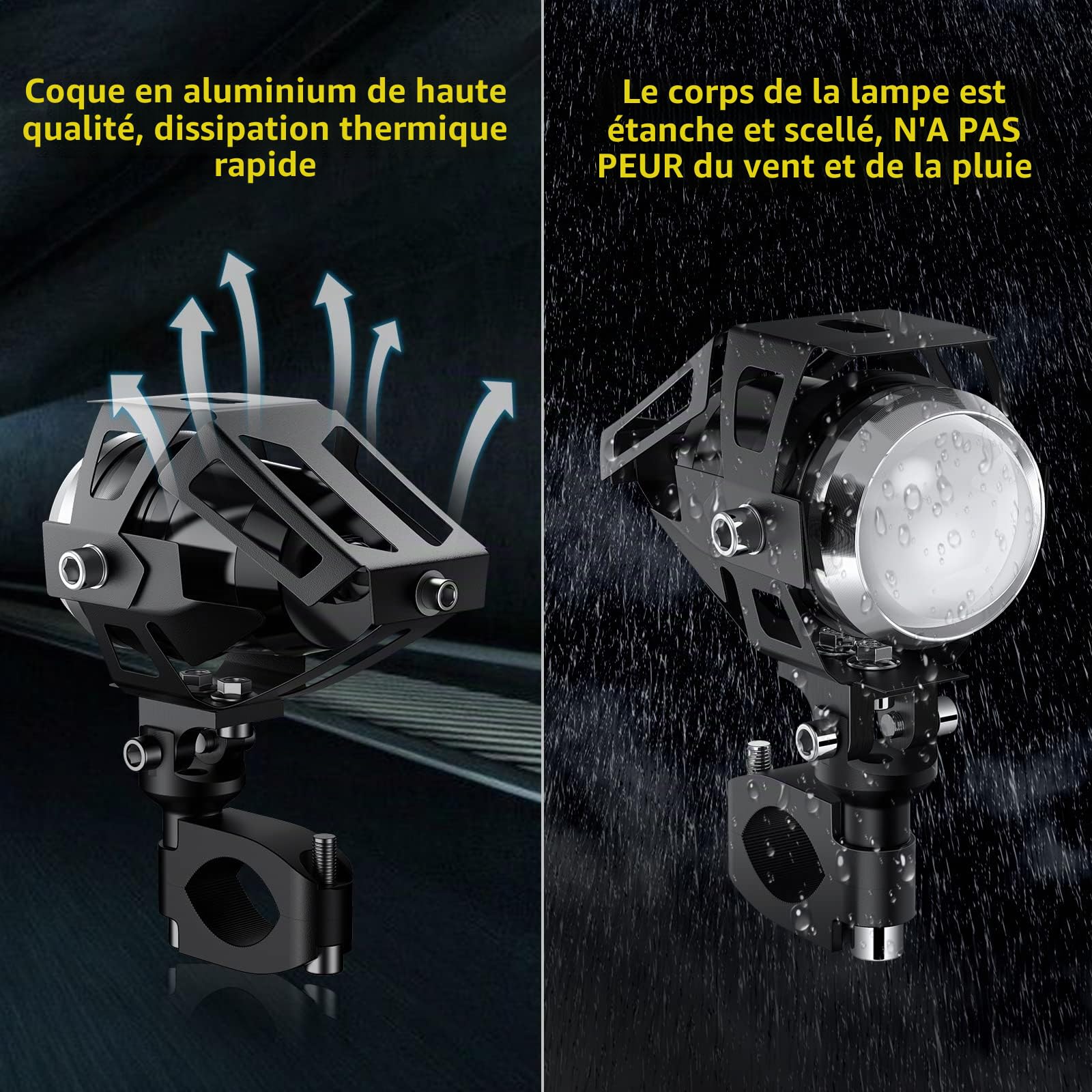 PROZOR 2PCS U5 Phares avant pour moto - 15W 3000LM Phare LED pour moto avec commutateur à 3 modes Phare supplémentaire IP65 Étanche Projecteur Moto Portée 200m