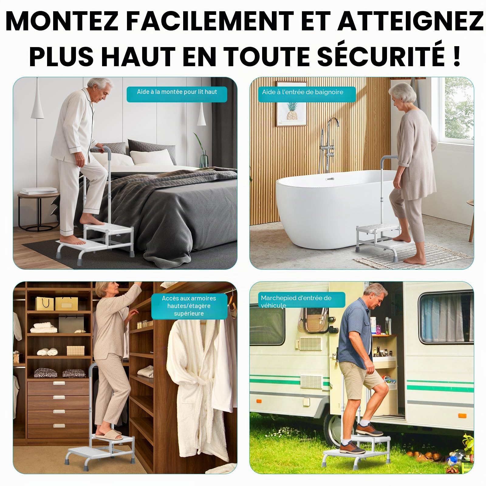 FORTEMOTUS Aide à l'entrée pour Douche Bain - Marche de Baignoire avec Poignée Maintien et 2 Marches, Escalier pour Terrasse, Barre d'appui Baignoire pour Personnes âgées, Jusqu'à 200 kg, Blanc