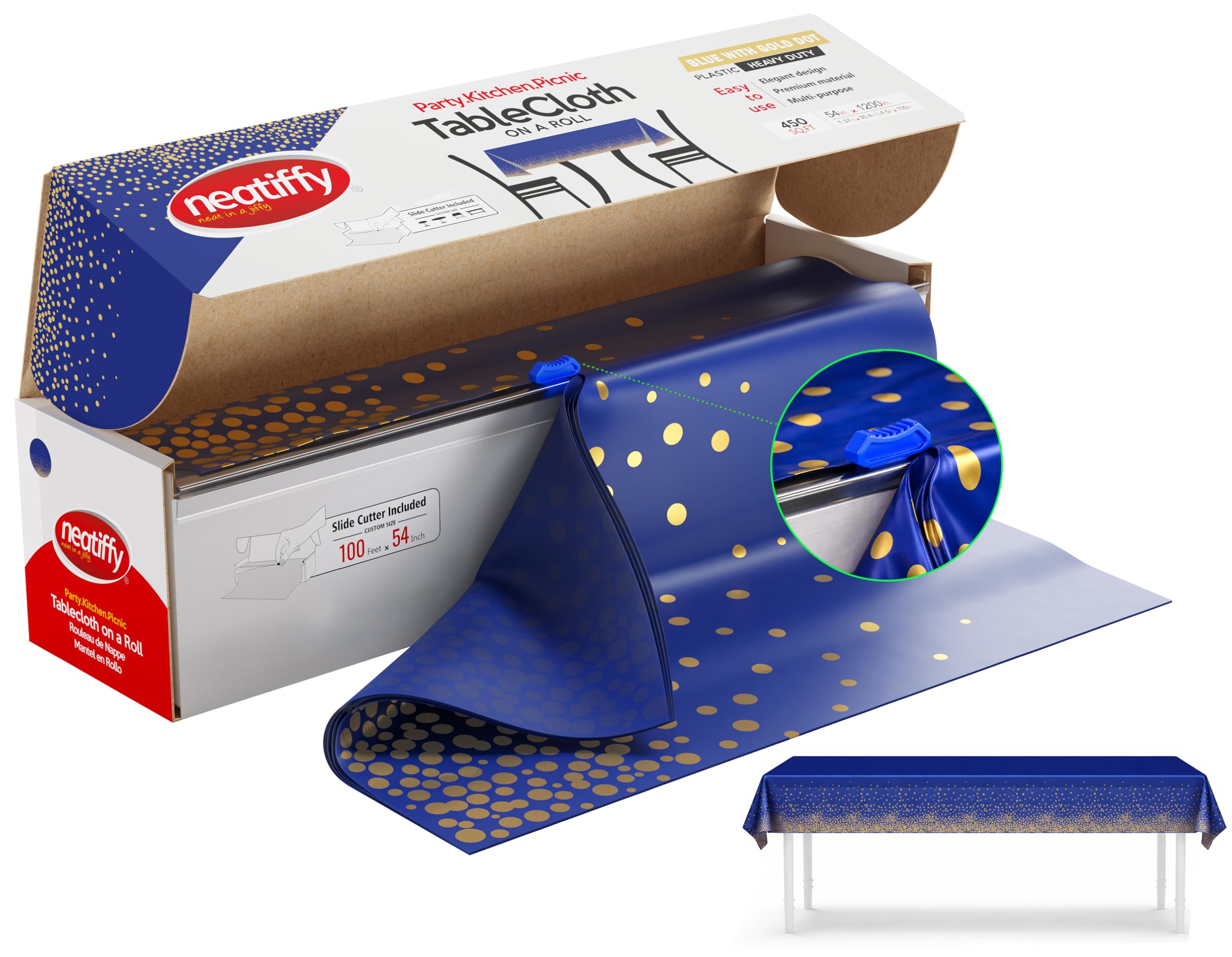 Neatiffy Disposable Plastic Table Cloth Roll with Slide Cutter | Waterproof Cover for All Type/Shape Tables | Picnic, Party, Banquet, Birthdays, Weddings (Blue Gold Dots)-image-34