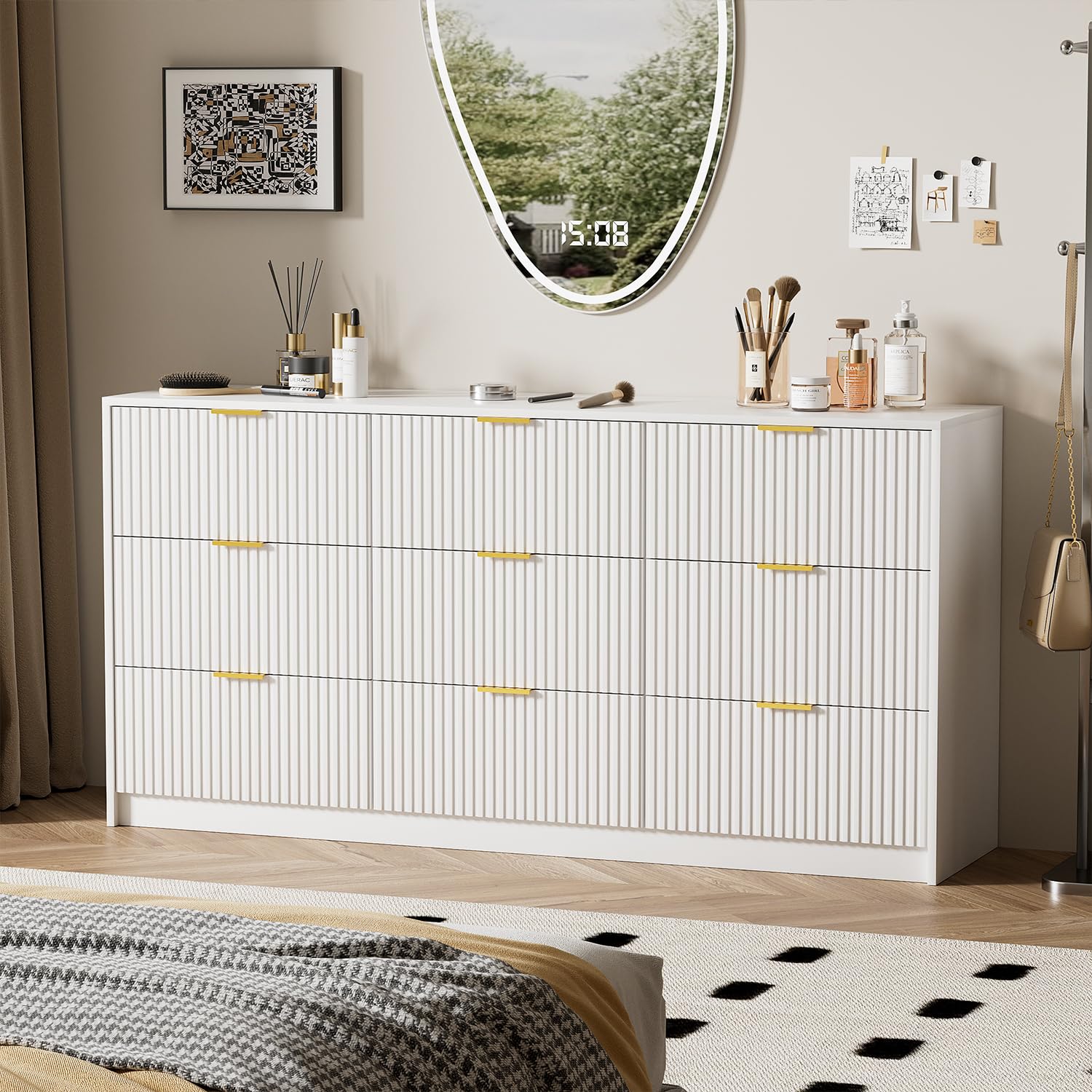 ORGANSANDS 63" W White Dresser for Bedroom with 9-Drawer, Large Morden Chests of Drawers with Gold Handles, Wide Dresser TV Stand
