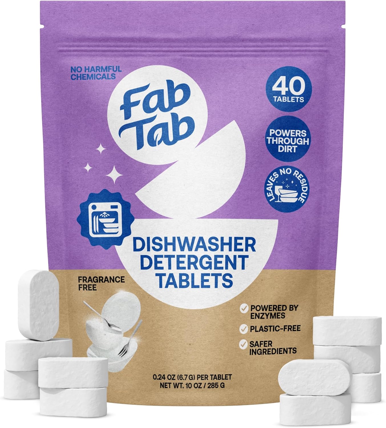 Fab Tab 100% Plastic-Free Dishwasher Detergent Tablets, Clean Ingredients, Fragrance Free, No Residue, Powerful Enzyme-Based Dishwasher Pods, 40 Count.