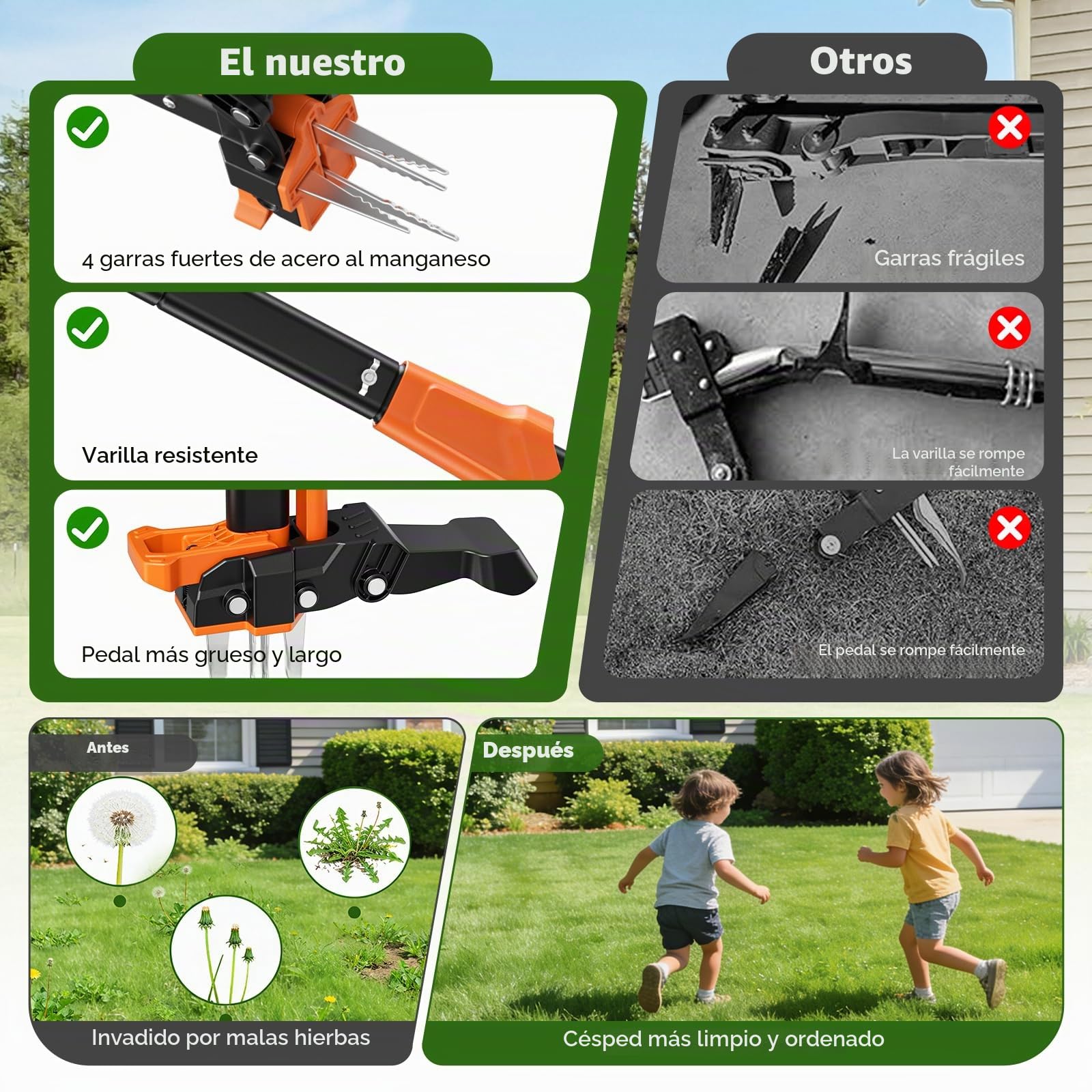 Cuchilla para Malas Hierbas de 85-100cm con Longitud Ajustable, Dispositivo para Eliminar Malas Hierbas con Mango Largo y 4 Garras,Herramientas de jardinería para el Patio y el césped.