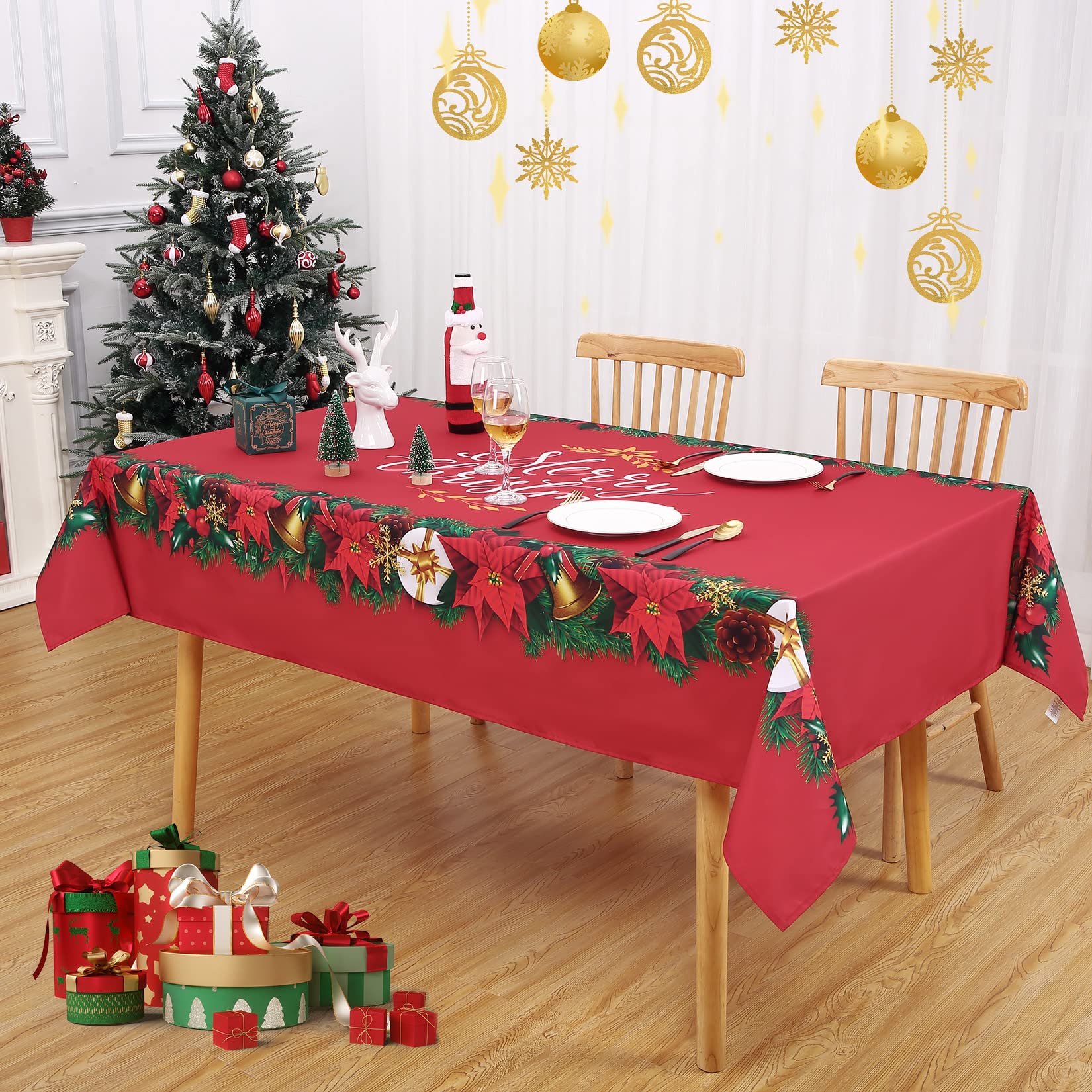 CAROMIO Mantel Navidad Antimanchas, Mantel Rojo Rectangular Resistente al Agua Oxford Lavable Mantel de poliéster con Patrón de Guirnalda Navideña para Fiesta Cocina Comedor Mesa (137x178 cm)
