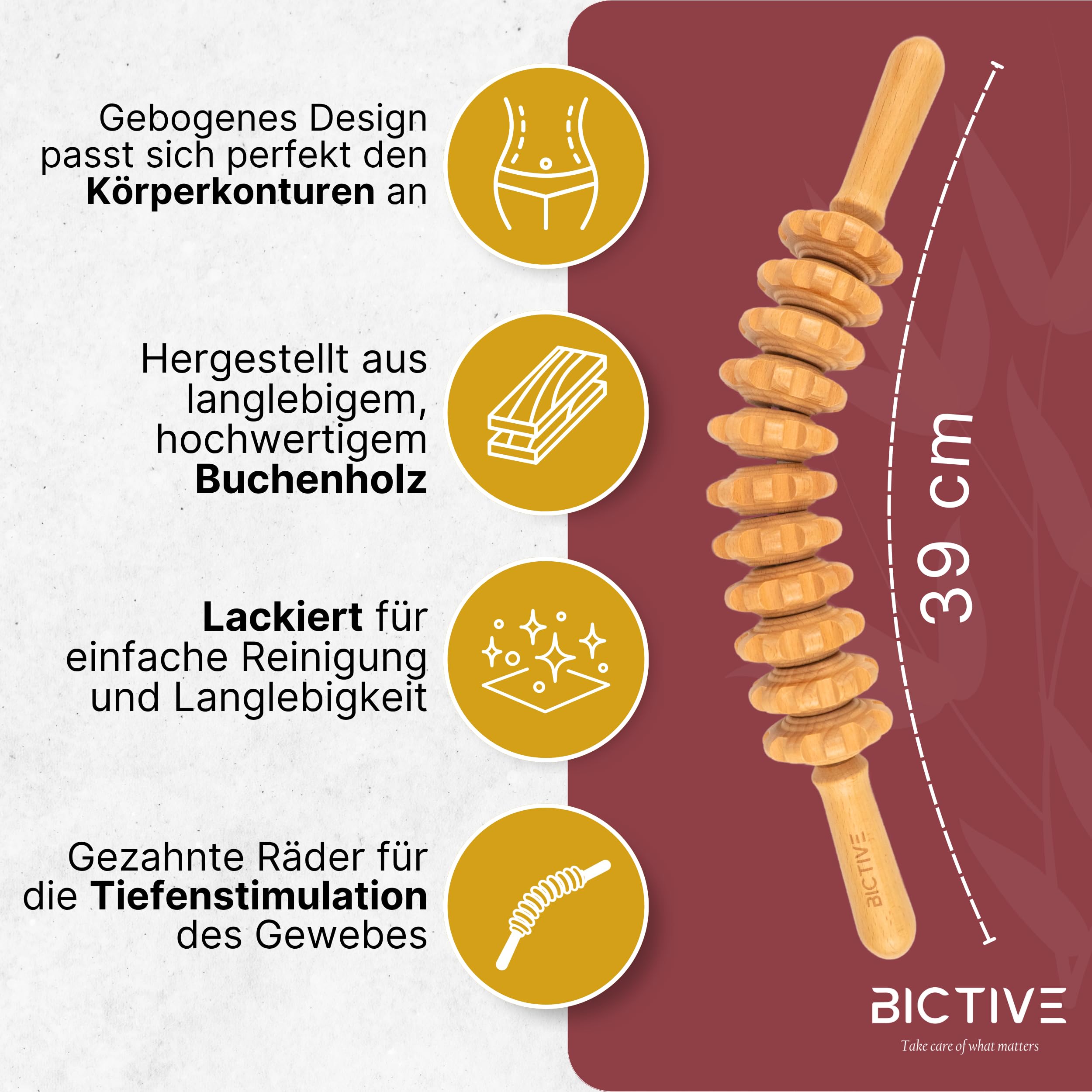 Faszienstab Holz aus Buchenholz für Körper und Cellulite. Faszienrolle Holz, Massageroller Beine, Massagegerät für Maderotherapie. Massage Roller. Inklusive Baumwolltasche