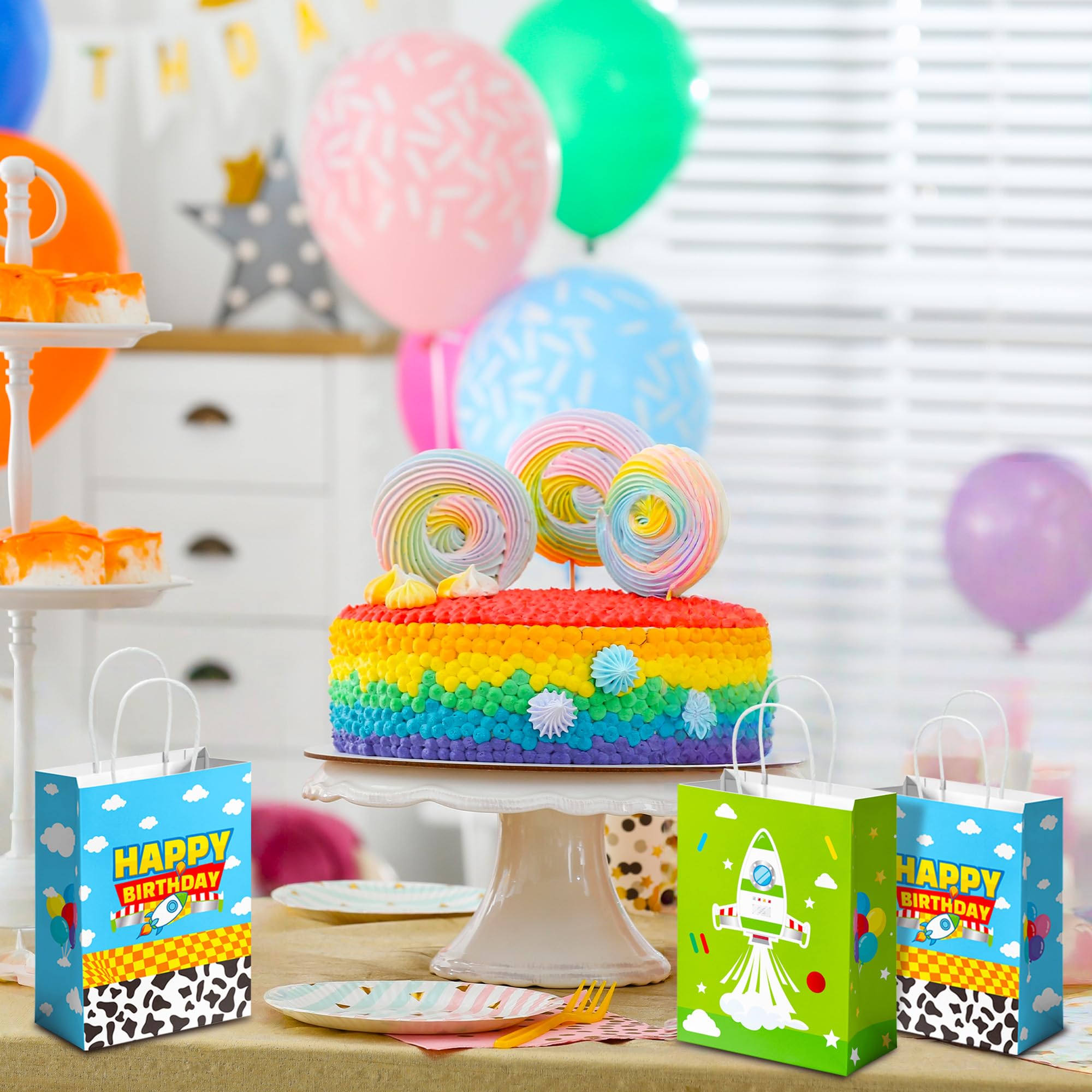CHENRINDECO Cartoon Story Gift Bags 24PCS Cow Pattern Birthday Party Favor Bags Blue Sky White Cloud Paper Bags with Handle for Cartoon Story Themed Birthday Party Supplies