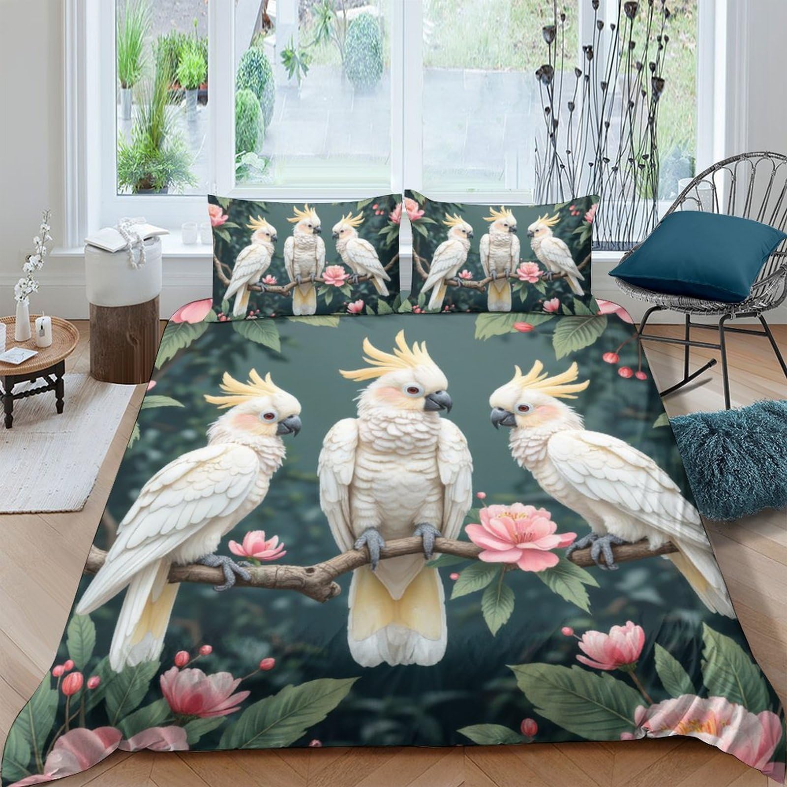 Ctjqhvkz Style-6 3D Printed Cockatoo Floral Fitted Sheet Microfiber Soft Decorative Parrot Bed Cover For Bedroom Guest Room Protection Single（135X200cm）