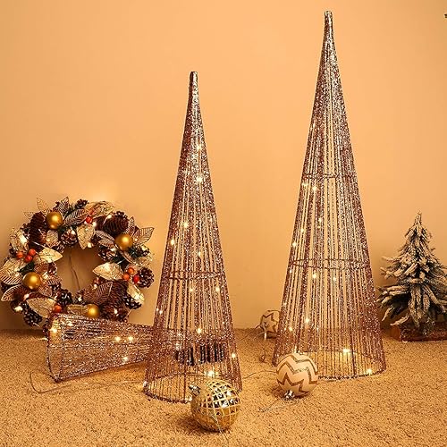 Miniatura 7 de Lewondr Árboles de cono de Navidad, juego de 3 árboles de Navidad con luces y purpurina (241812 pulgadas), árbol de Navidad decorativo de hilo