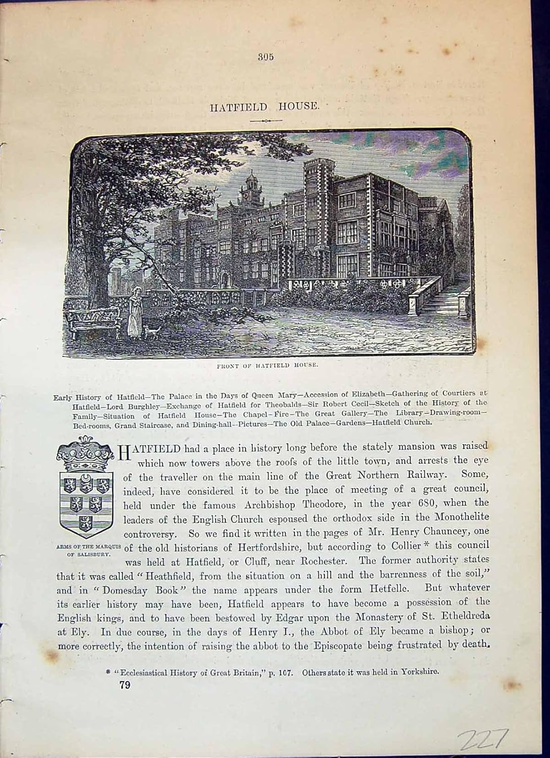 Amazon｜Hatfield の家の腕の伯爵夫人のソールズベリーの地図の計画の Cassell の骨董品の印刷物 C1882｜アートワーク