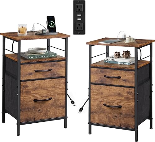 Miniatura 1 de WLIVE Juego de 2 mesitas de noche con estación de carga, mesa auxiliar con 2 cajones de tela para almacenamiento, tocador de dormitorio pequeño,