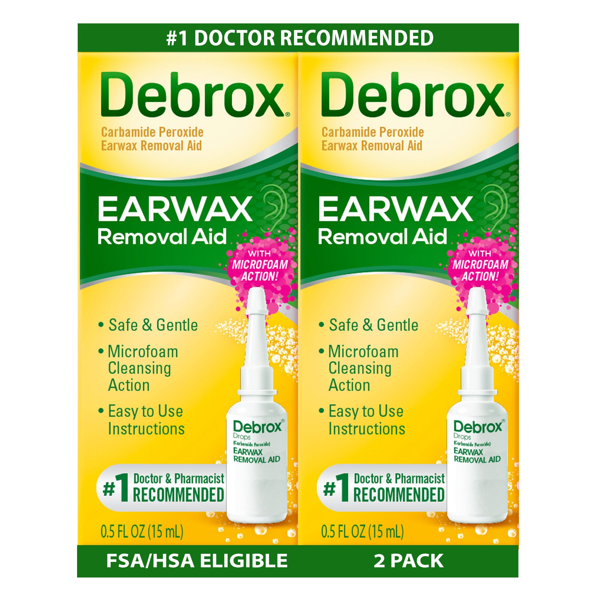 Ear Wax Removal Drops, Gentle Microfoam Ear Wax Remover with Carbamide Peroxide, 0.5 Fl Oz, Pack of 2