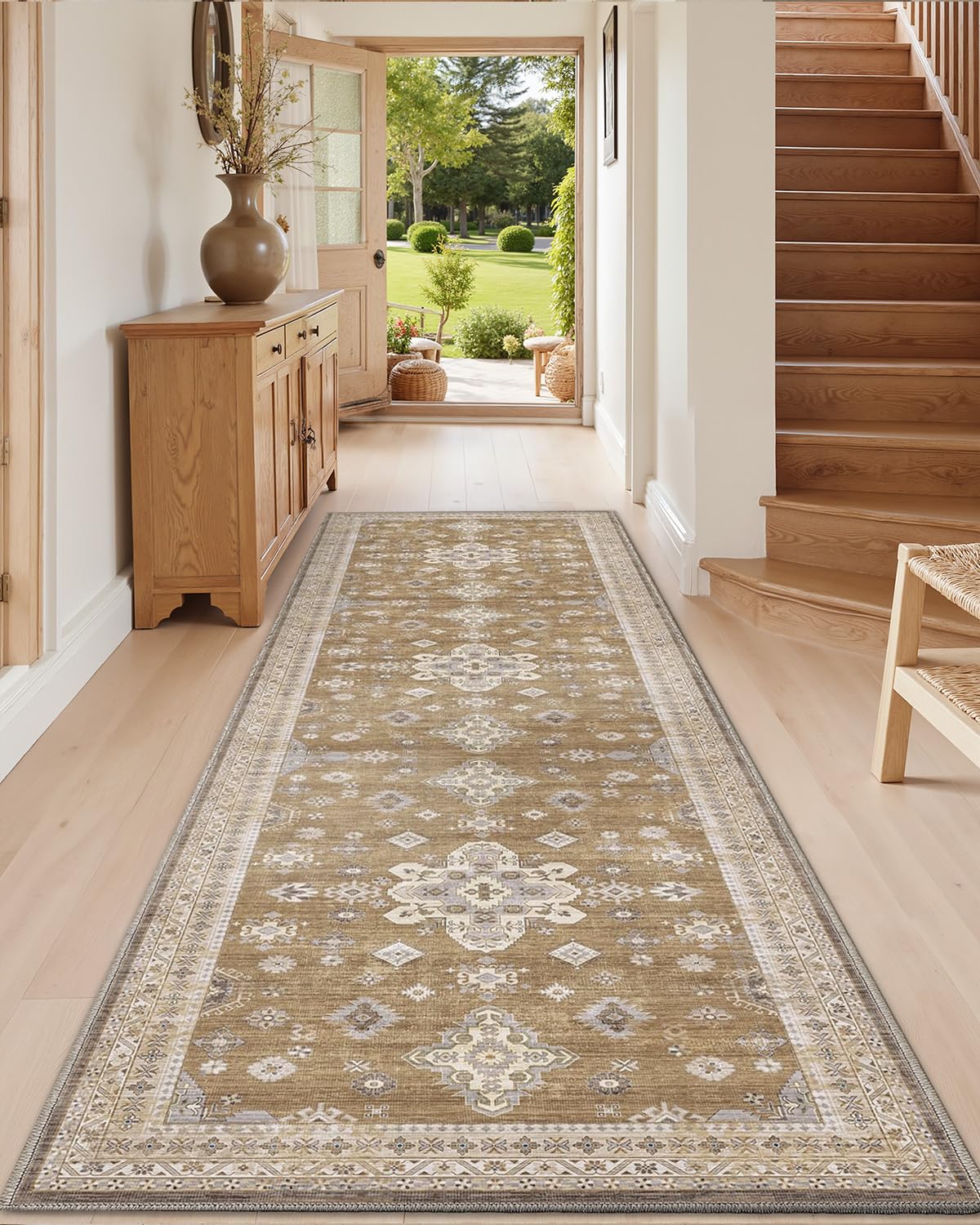 DEXI Hallway Washable Runner Rug 3x7, Vintage Soft Thin Kitchen Runner with Non Slip Backing, Farmhouse Entryway Floor Rug, Stain Resistant Distressed